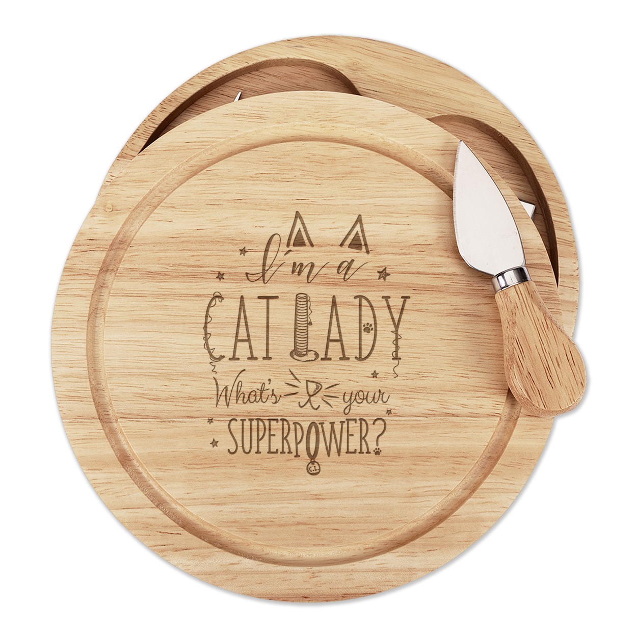 I'm A Cat Lady What's Your Superpower Wooden Cheese Board Set 4 Knives