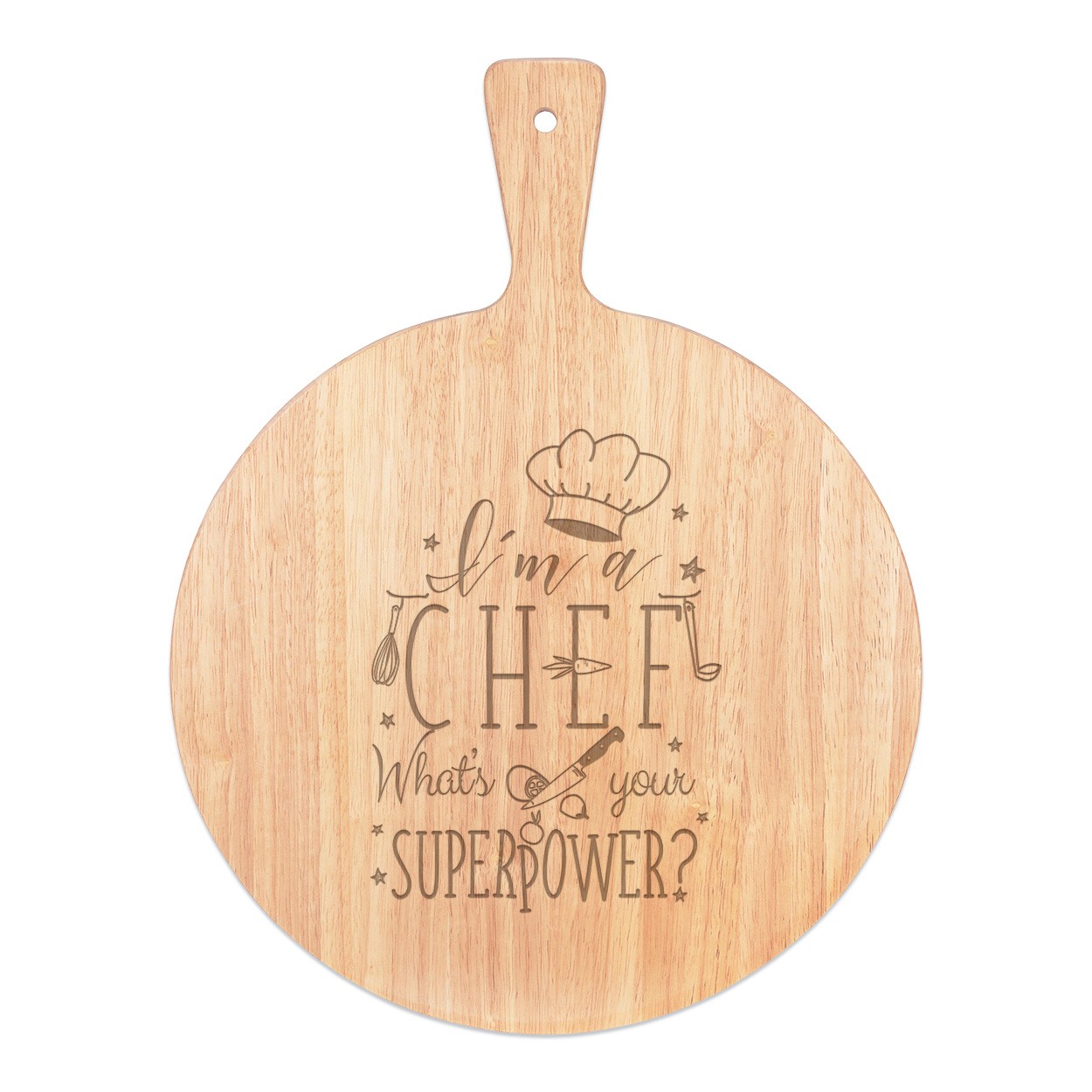 I'm A Chef What's Your Superpower Pizza Board Paddle Serving Tray Handle Round Wooden 45x34cm