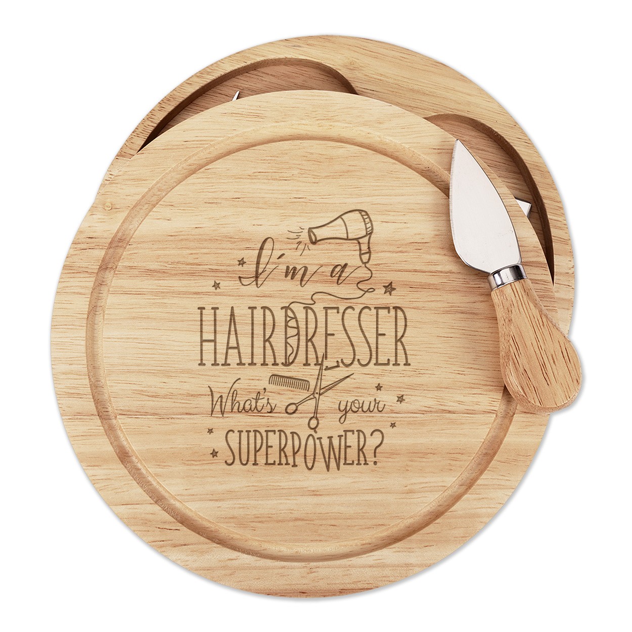 I'm A Hairdresser What's Your Superpower Wooden Cheese Board Set 4 Knives