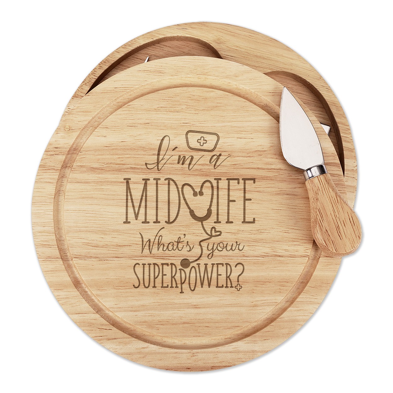 I'm A Midwife What's Your Superpower Wooden Cheese Board Set 4 Knives