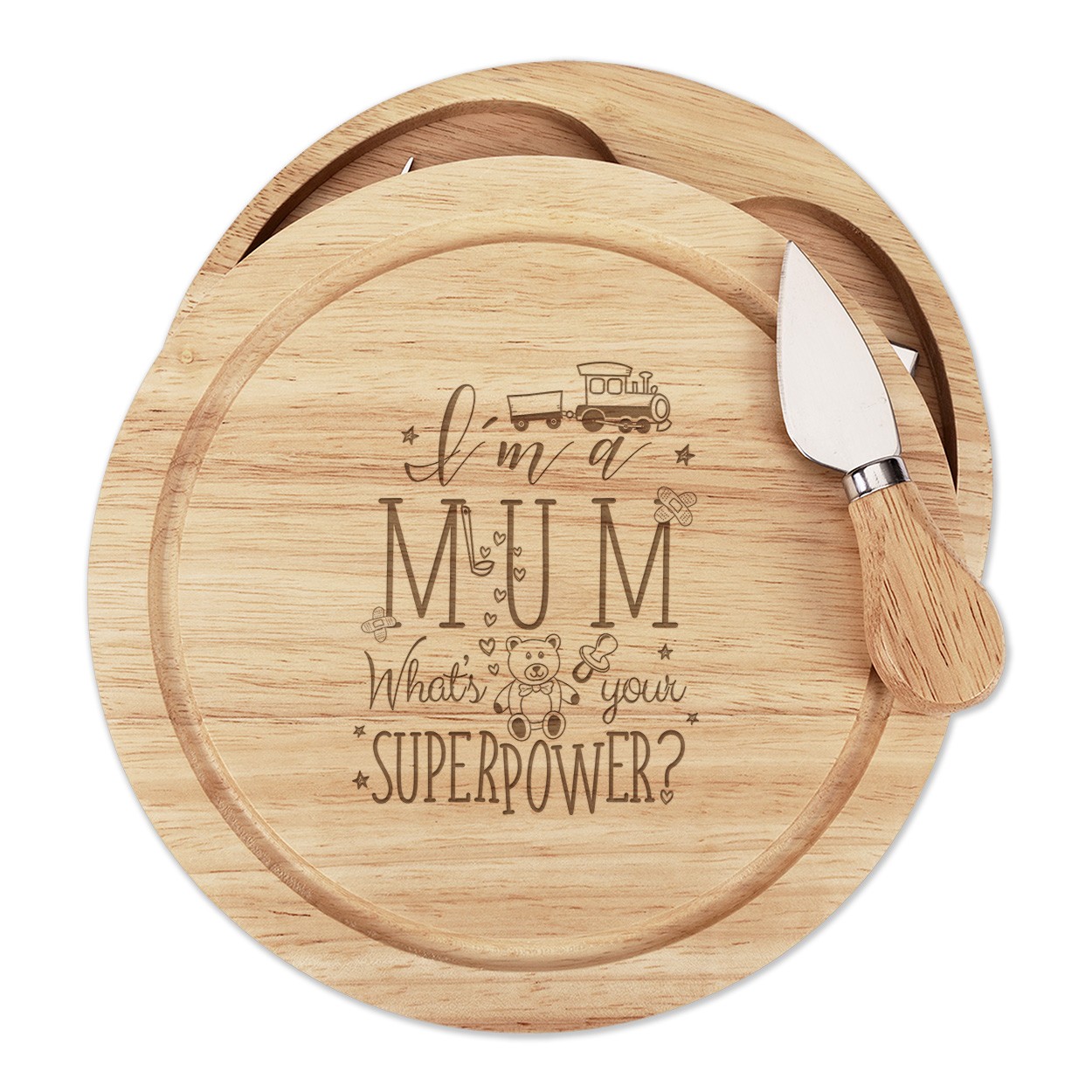 I'm A Mum What's Your Superpower Wooden Cheese Board Set 4 Knives