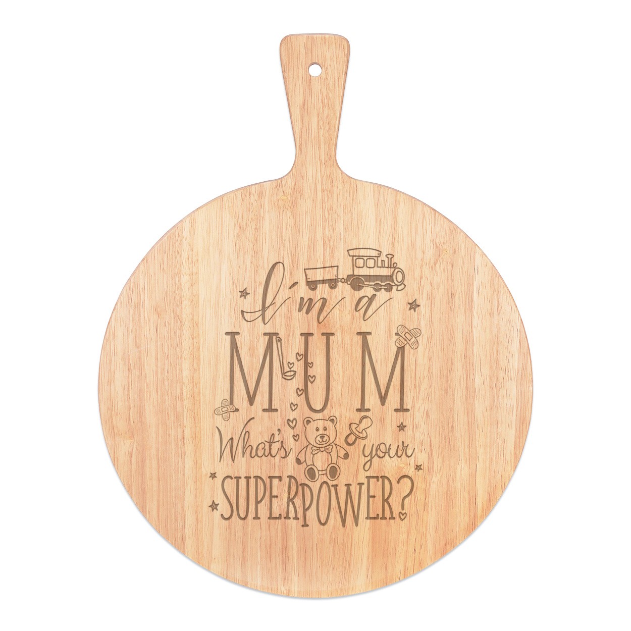 I'm A Mum What's Your Superpower Pizza Board Paddle Serving Tray Handle Round Wooden 45x34cm