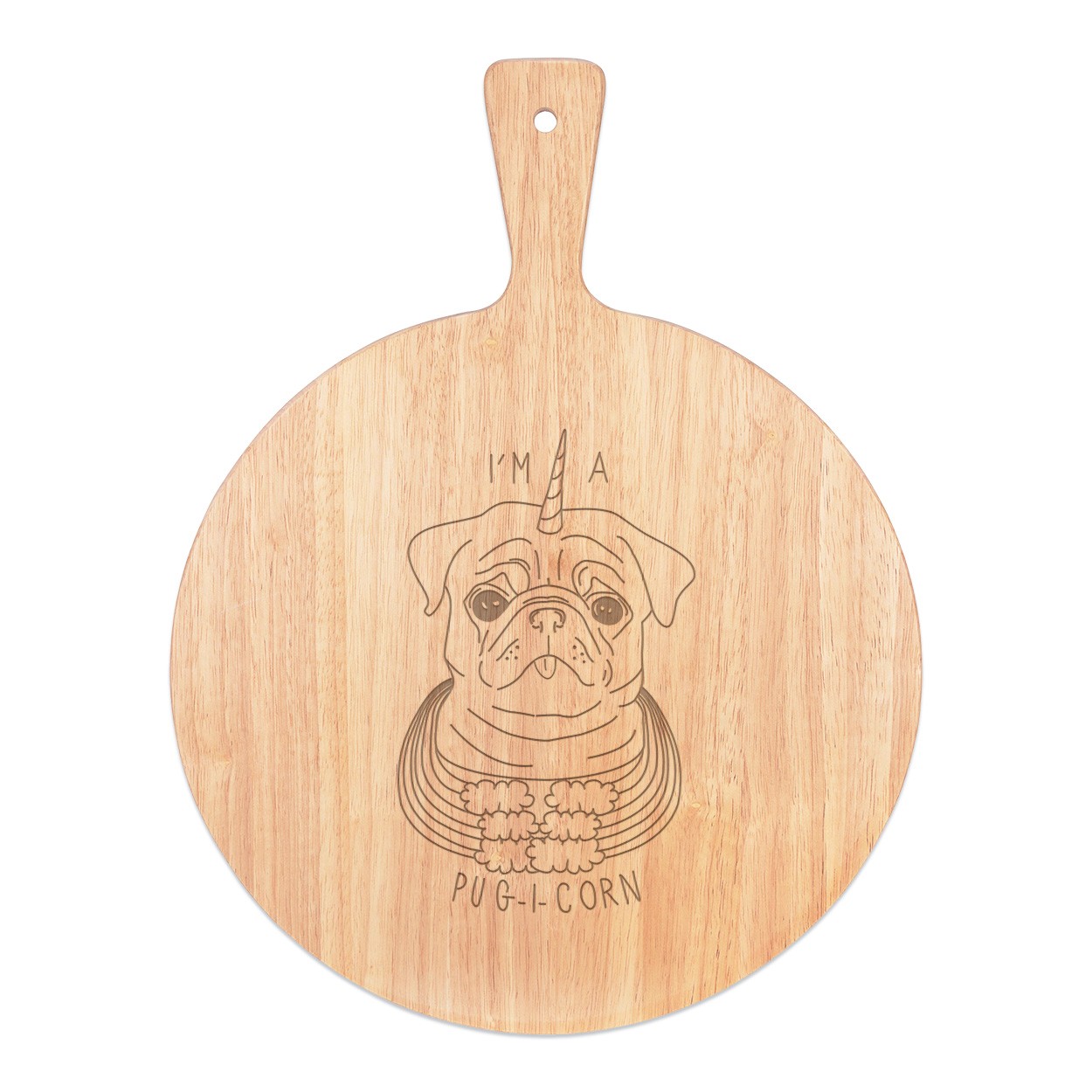 I'm A Pugicorn Rainbow Pizza Board Paddle Serving Tray Handle Round Wooden 45x34cm