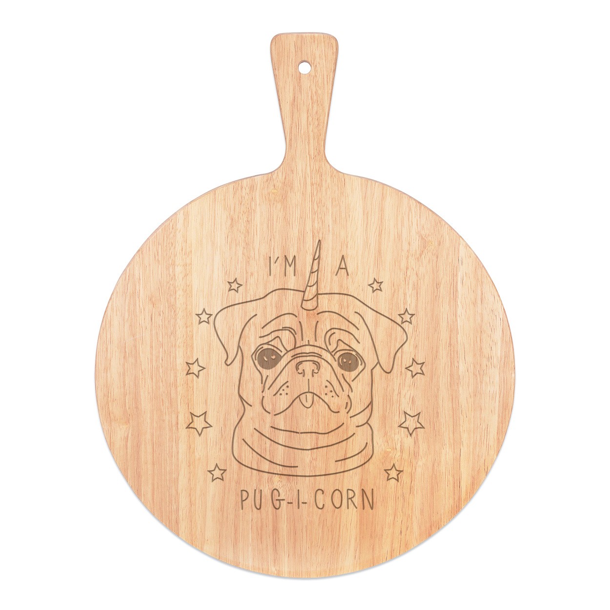 I'm A Pugicorn Stars Pizza Board Paddle Serving Tray Handle Round Wooden 45x34cm