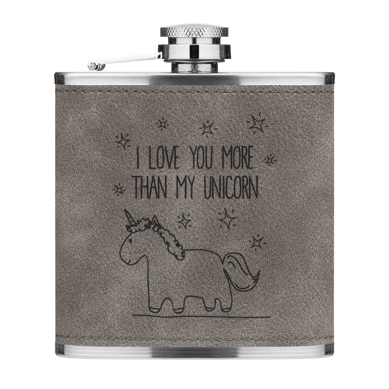 Lila I Love You More Than My Unicorn 6oz PU Leather Hip Flask Grey Luxe