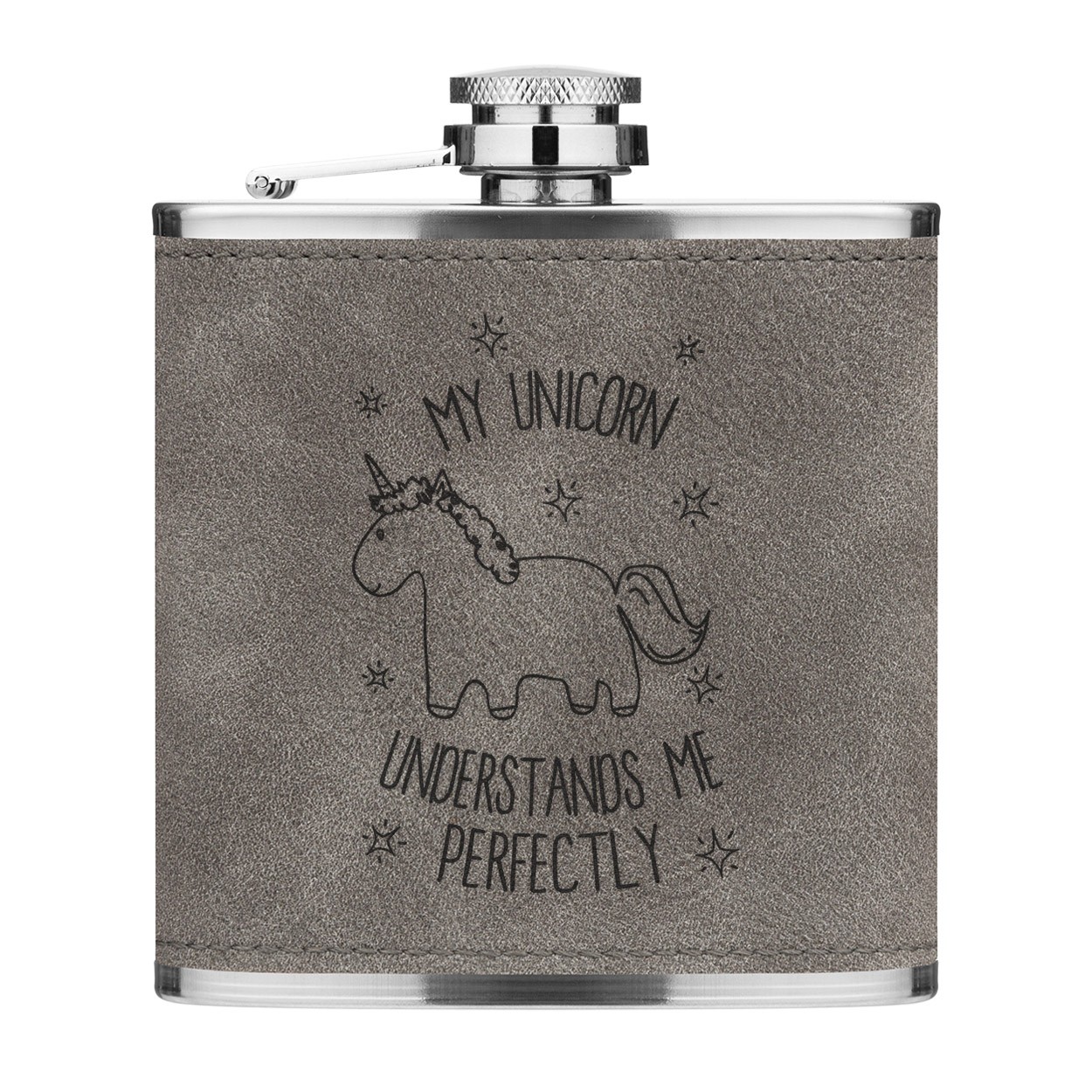 Lila My Unicorn Understands Me 6oz PU Leather Hip Flask Grey Luxe