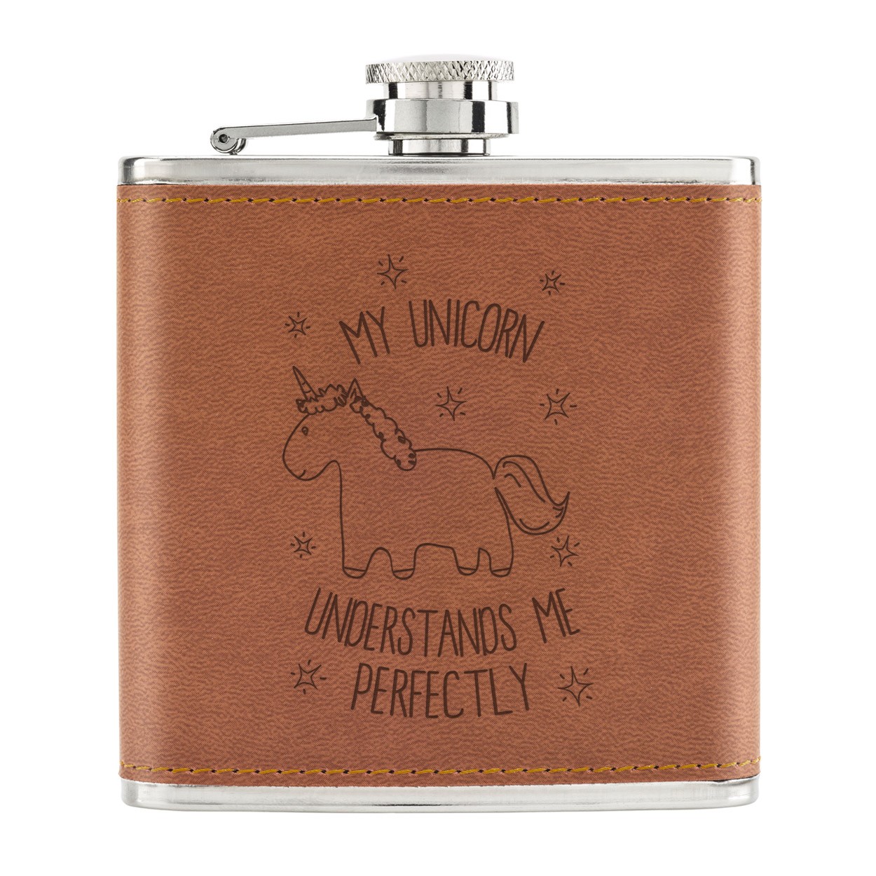 Lila My Unicorn Understands Me 6oz PU Leather Hip Flask Tan