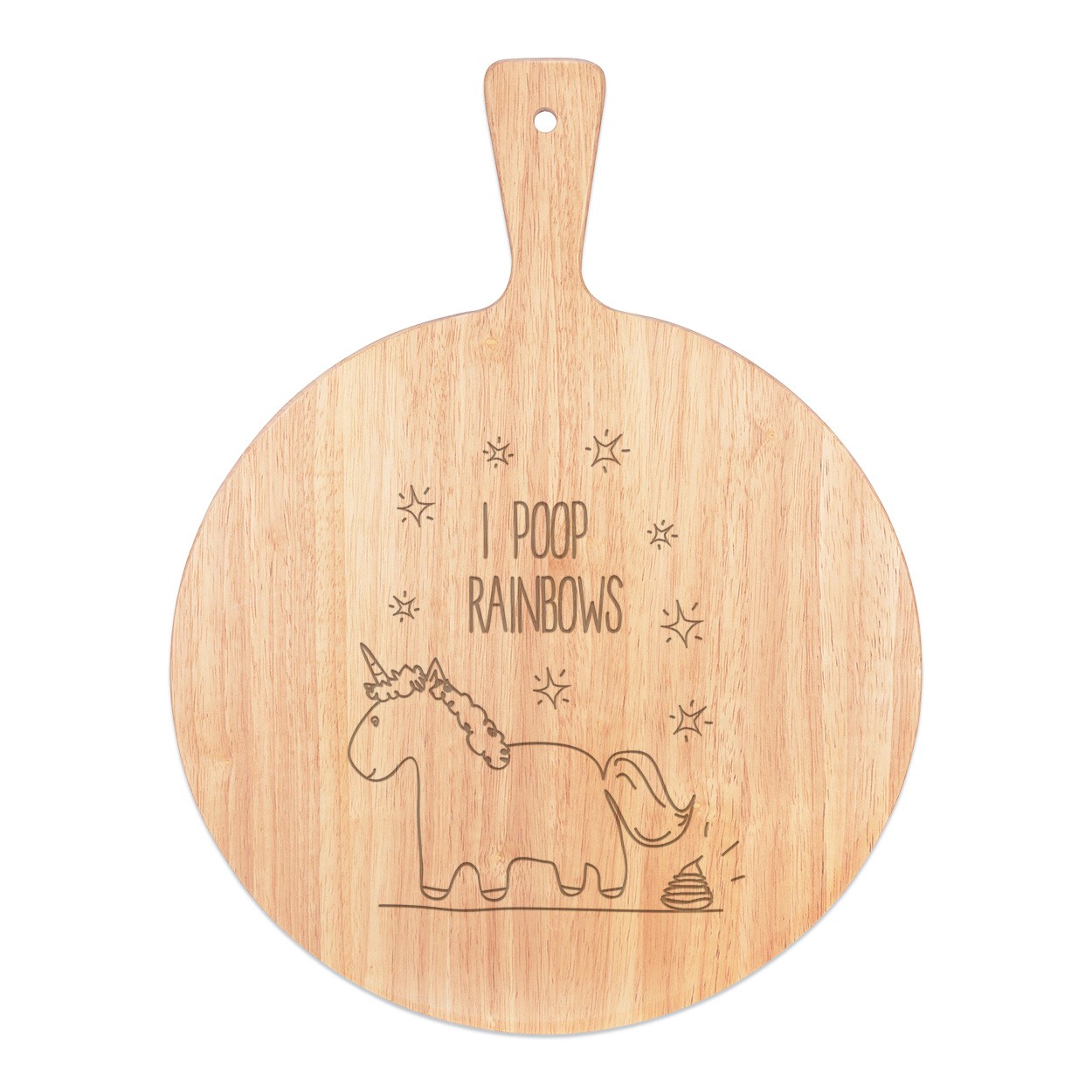 Lila Unicorn I Poop Rainbows Pizza Board Paddle Serving Tray Handle Round Wooden 45x34cm