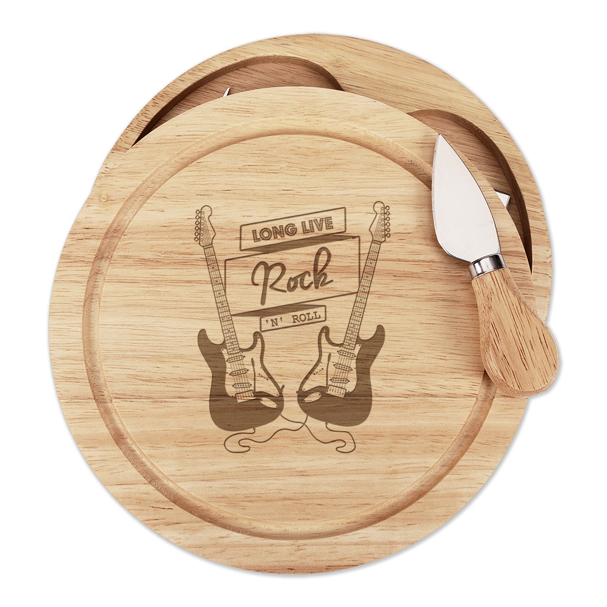 Long Live Rock N Roll Electric Guitar Wooden Cheese Board Set 4 Knives