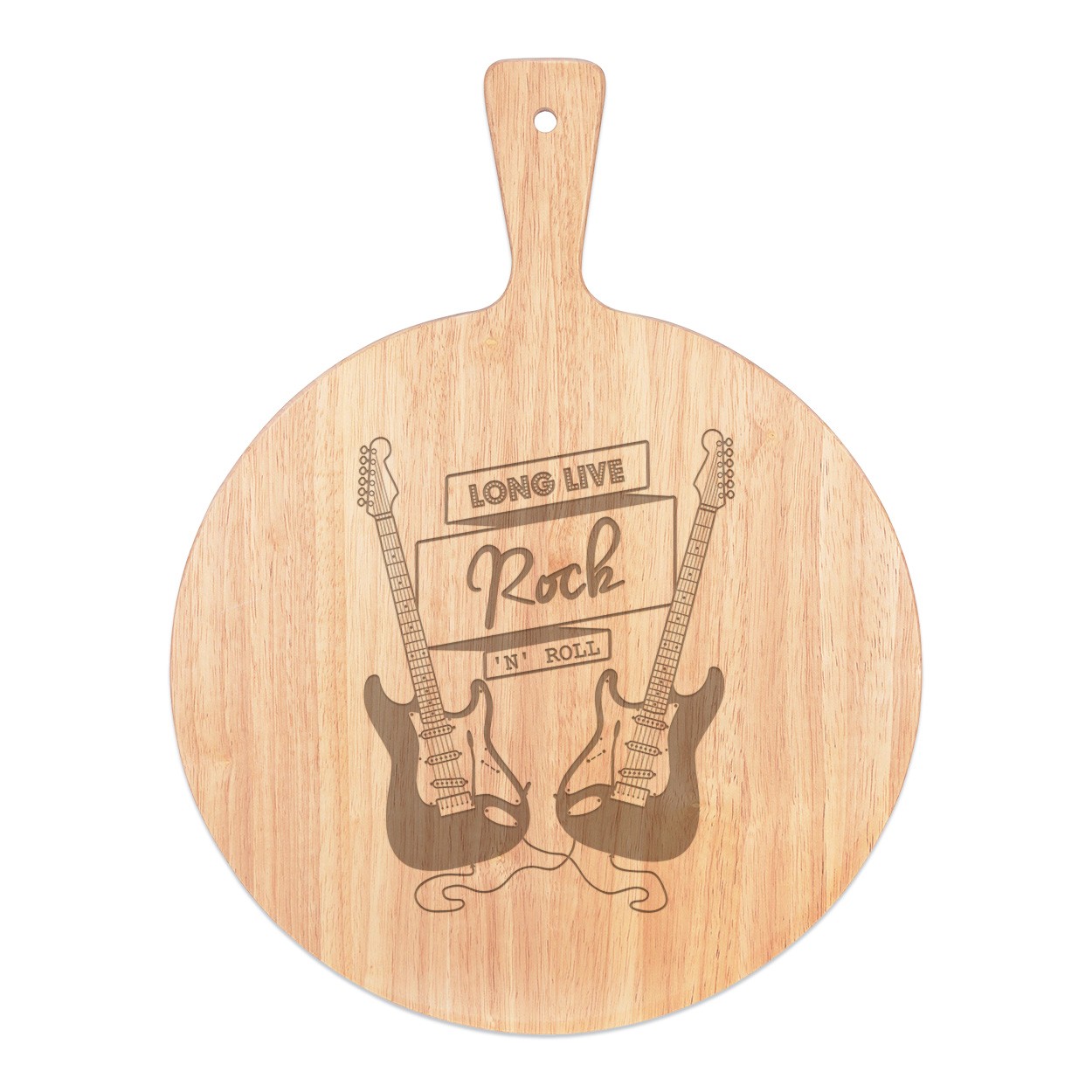 Long Live Rock N Roll Electric Guitar Pizza Board Paddle Serving Tray Handle Round Wooden 45x34cm