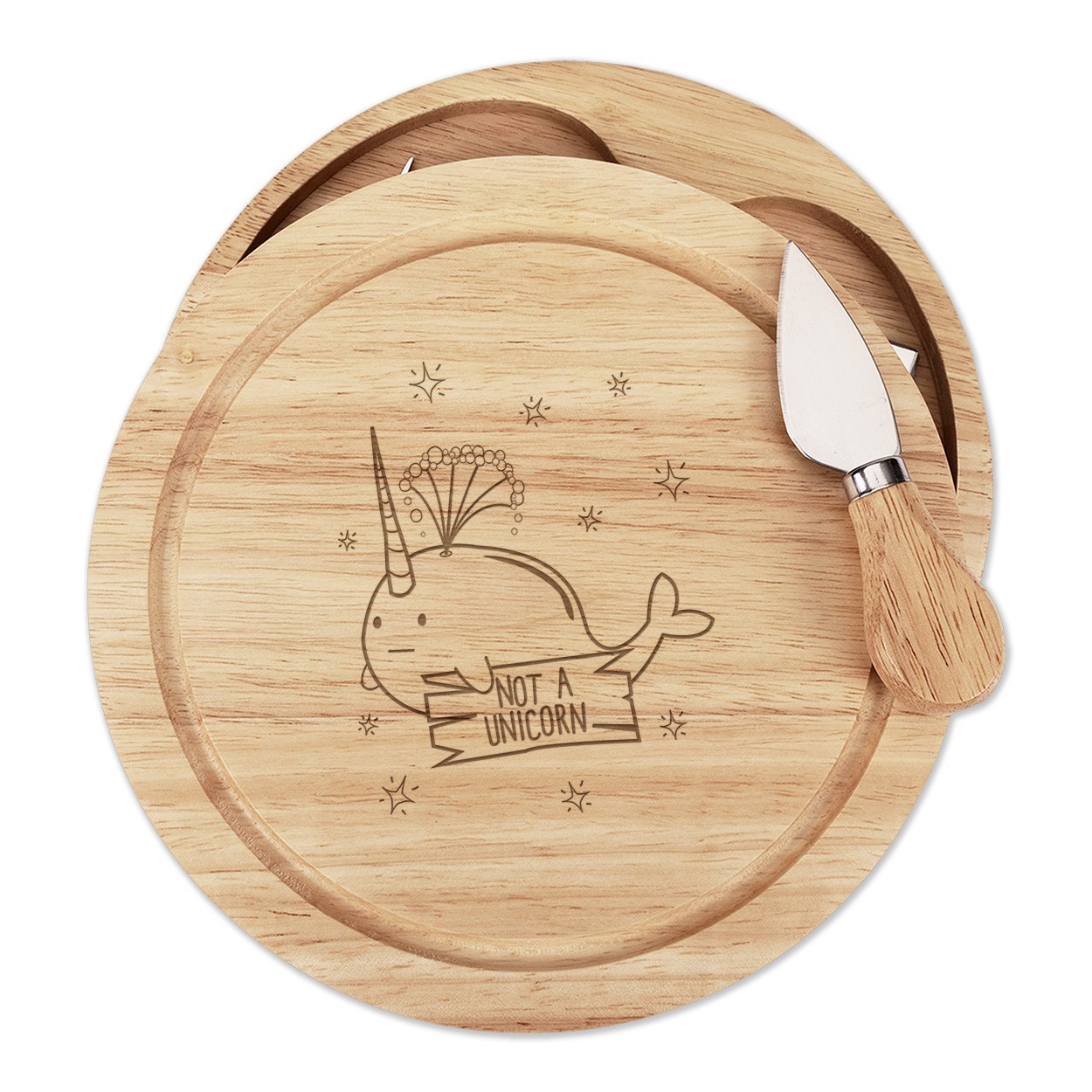 Narwhal Not A Unicorn Wooden Cheese Board Set 4 Knives