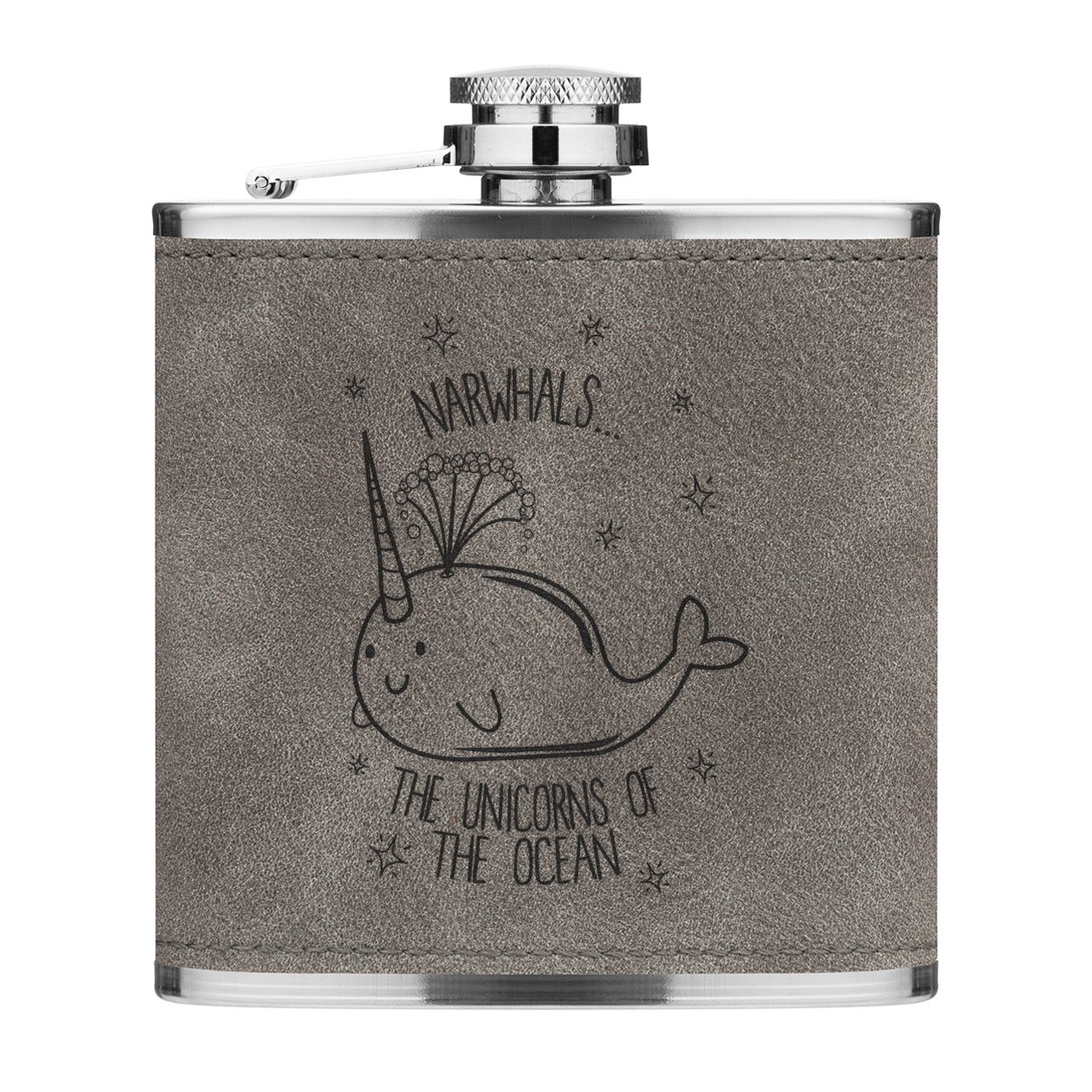 Narwhals The Unicorns Of The Ocean 6oz PU Leather Hip Flask Grey Luxe