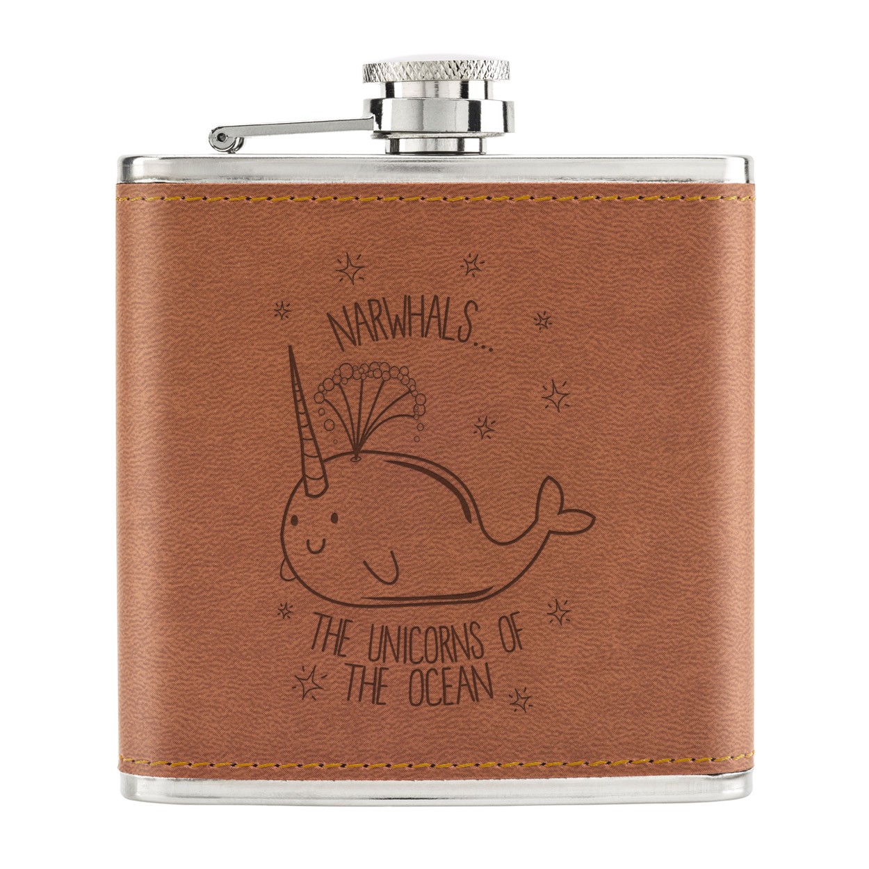 Narwhals The Unicorns Of The Ocean 6oz PU Leather Hip Flask Tan