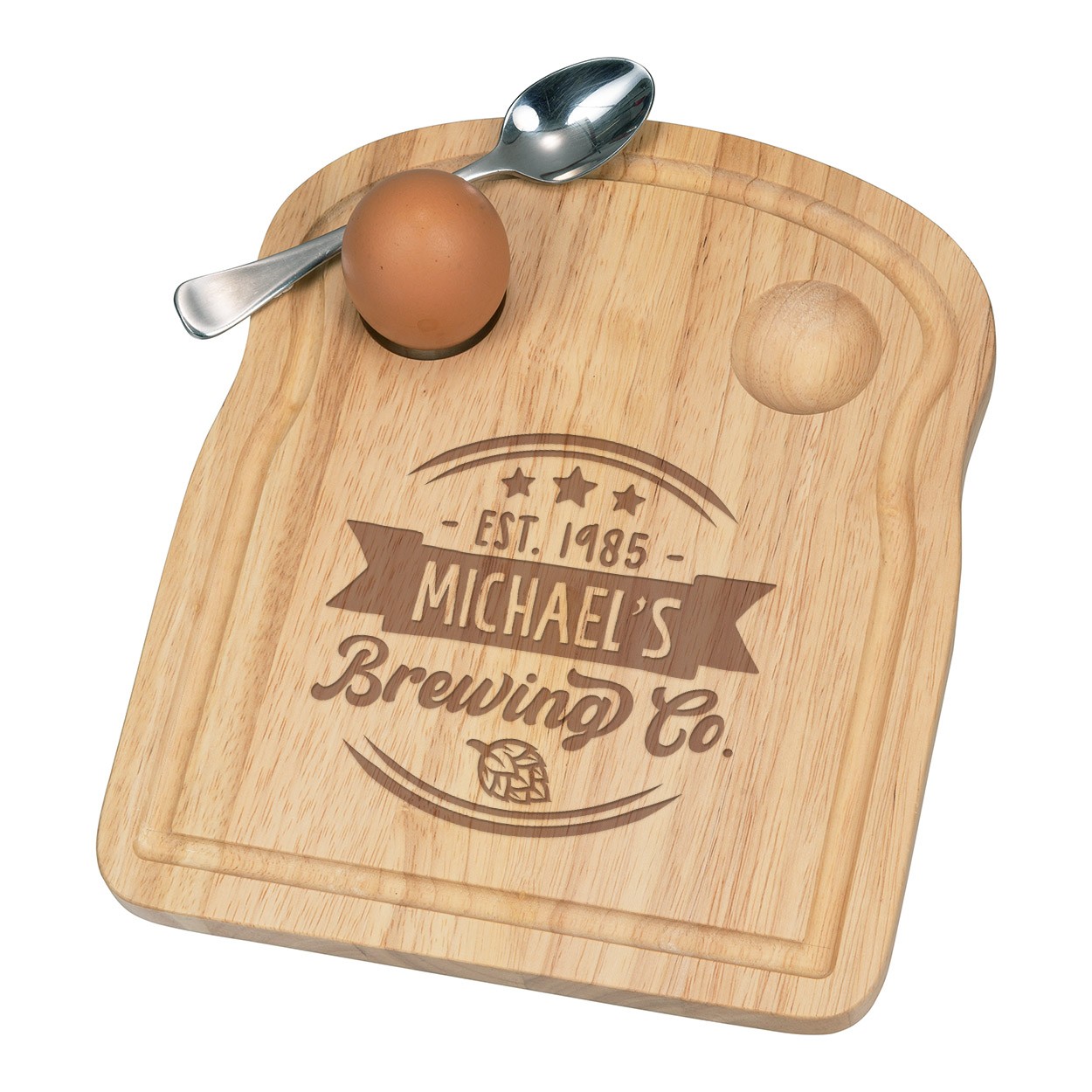 Personalised Dippy Egg Cup Board Brewing Co Round Logo Any Name Breakfast Wooden Custom