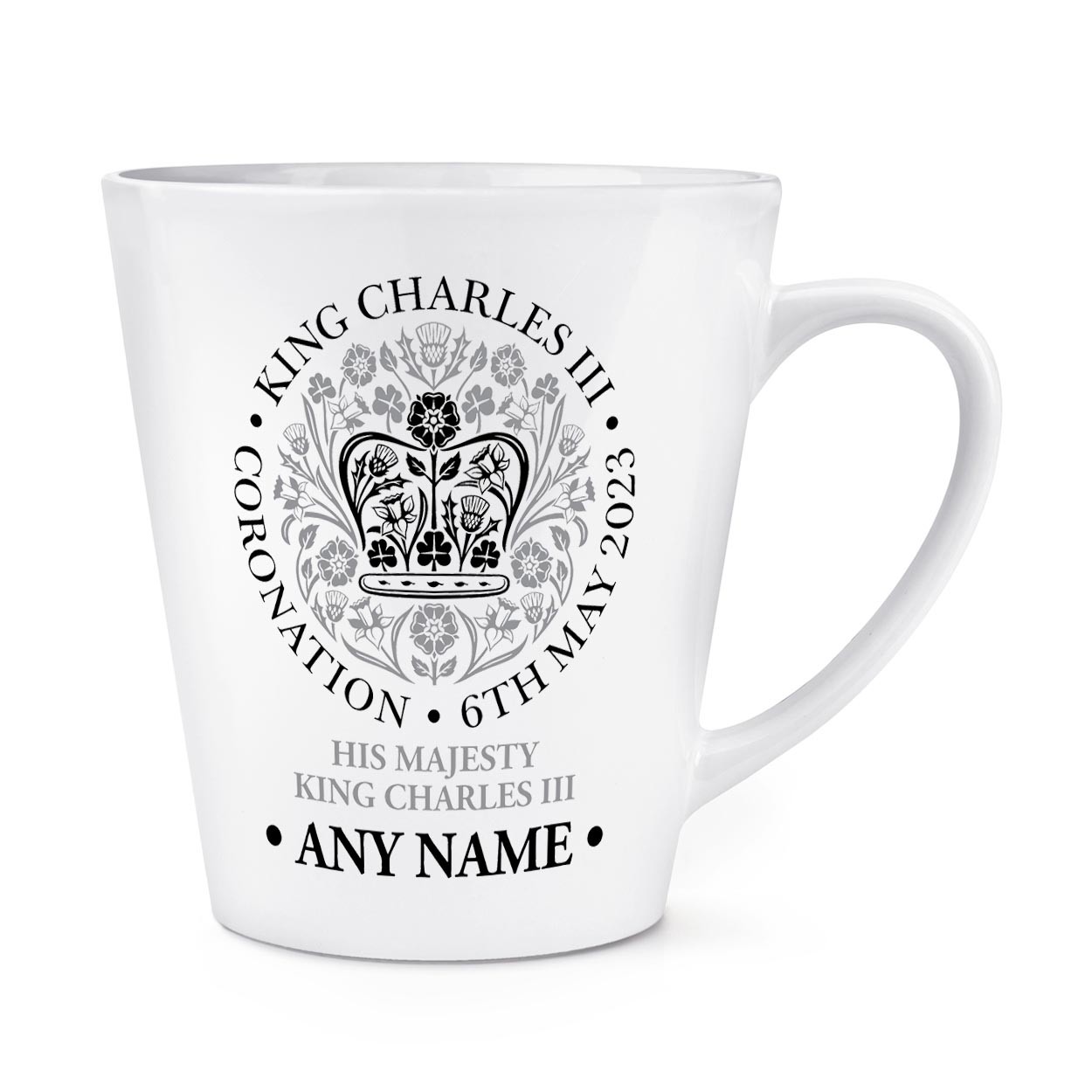 Personalised Coronation Emblem Black King Charles III 12oz Latte Mug Cup