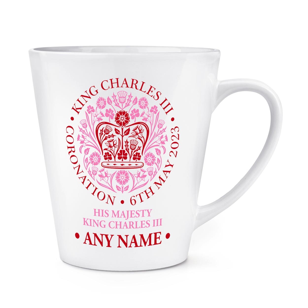 Personalised Coronation Emblem Pink King Charles III 12oz Latte Mug Cup