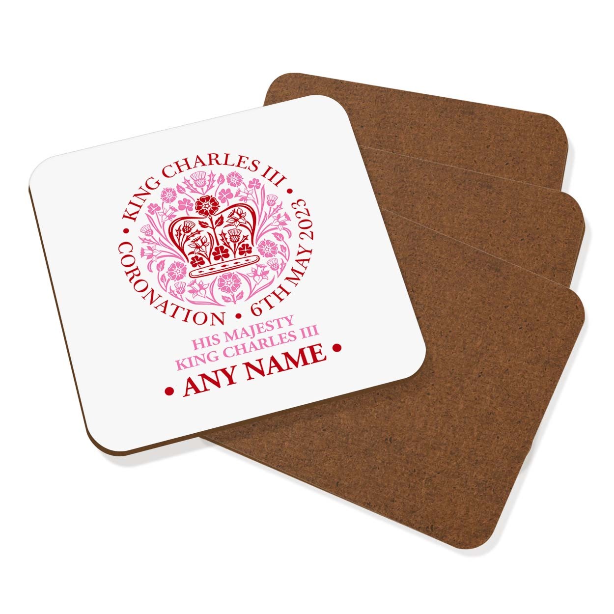 Personalised Coronation Emblem Pink King Charles III Coaster Drinks Mat Set Of 4