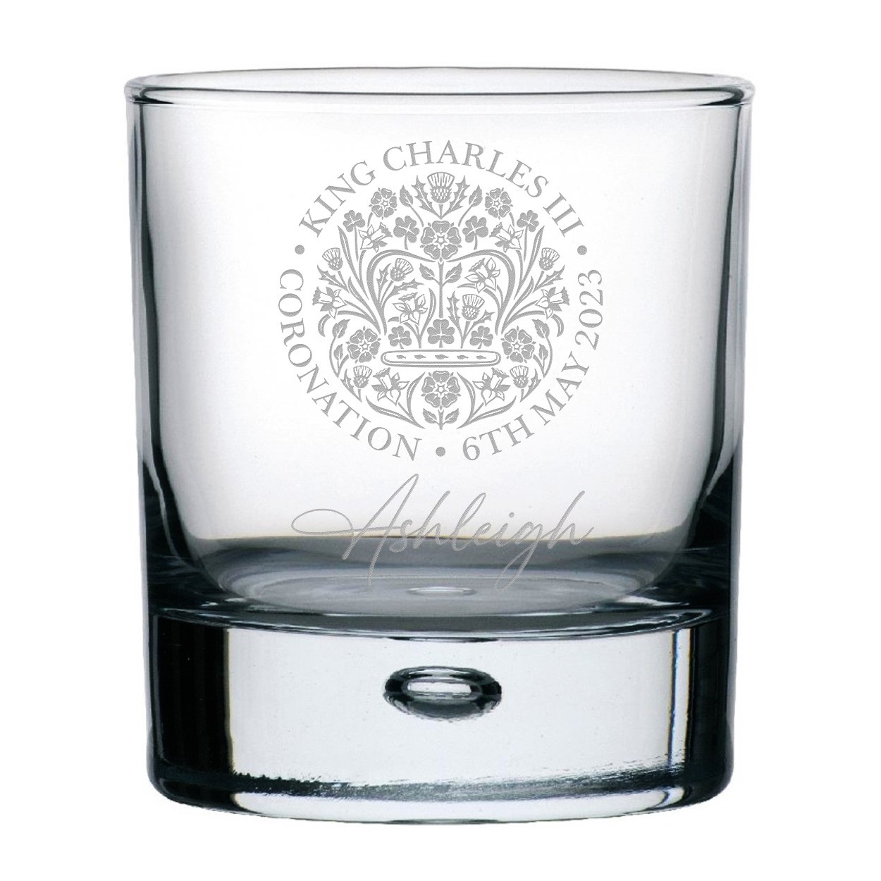 Personalised Coronation Emblem King Charles III Whisky Glass Design Bubble Base Old Fashioned Tumbler