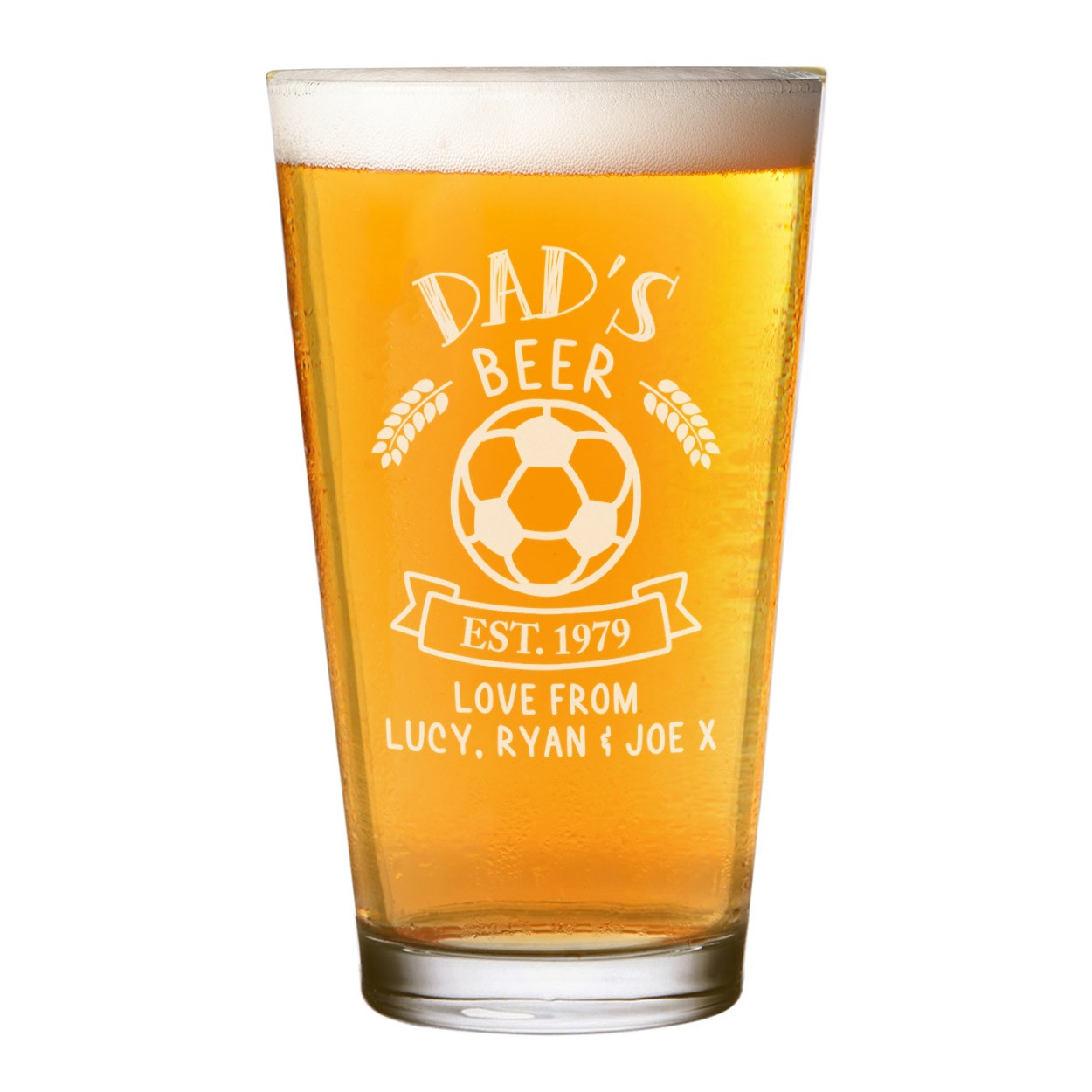 Personalised Pint Glass Shaker Football Ball Any Name Craft Beer Cider Custom