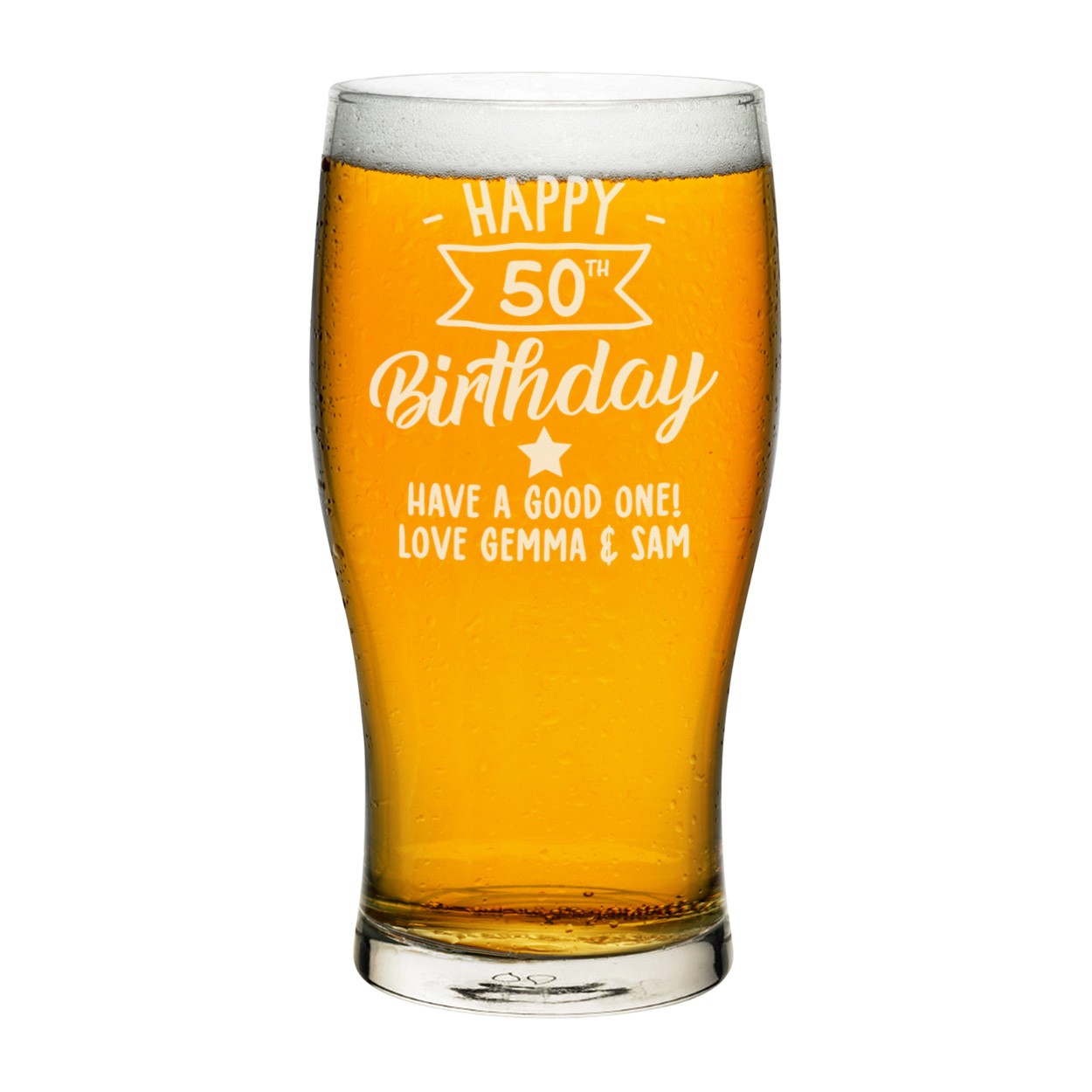 Personalised Pint Glass Happy Birthday Star Banner Any Name Craft Beer Cider Custom