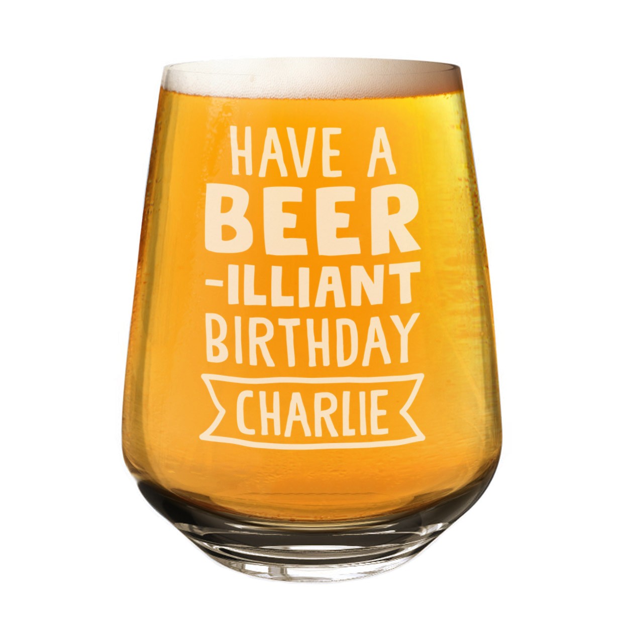 Personalised Craft Beer Tumbler Glass Have A Beer-Illiant Birthday Any Name Cider 2/3 Pint Custom