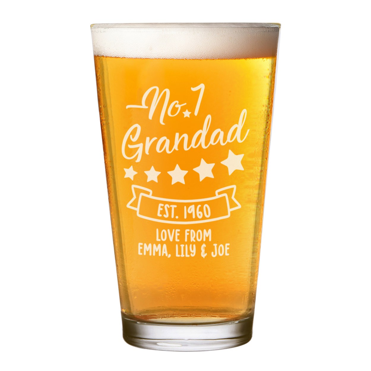 Personalised Pint Glass Shaker Grandad Dad No.1 5 Stars Any Name Craft Beer Cider Custom