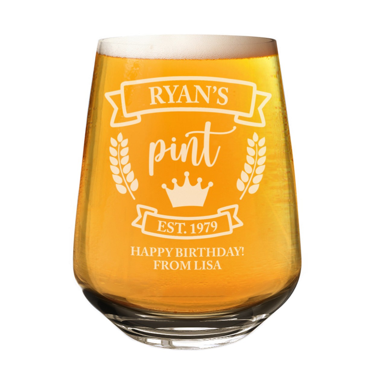Personalised Craft Beer Tumbler Glass Crown Any Name Cider 2/3 Pint Custom