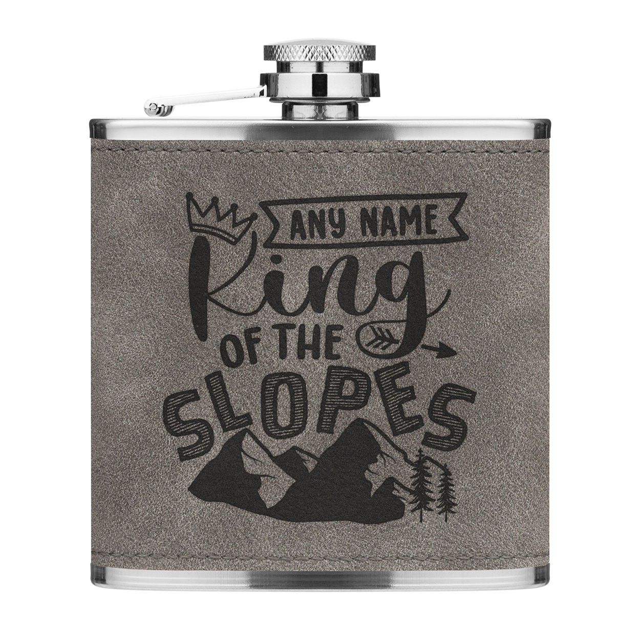 Personalised King Of The Slopes 6oz PU Leather Hip Flask Grey Luxe