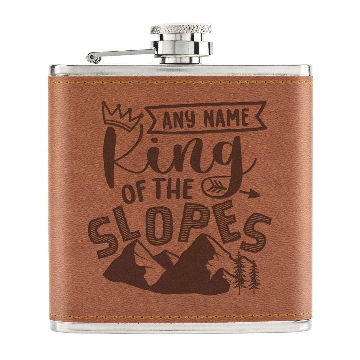 Personalised King Of The Slopes 6oz PU Leather Hip Flask Tan