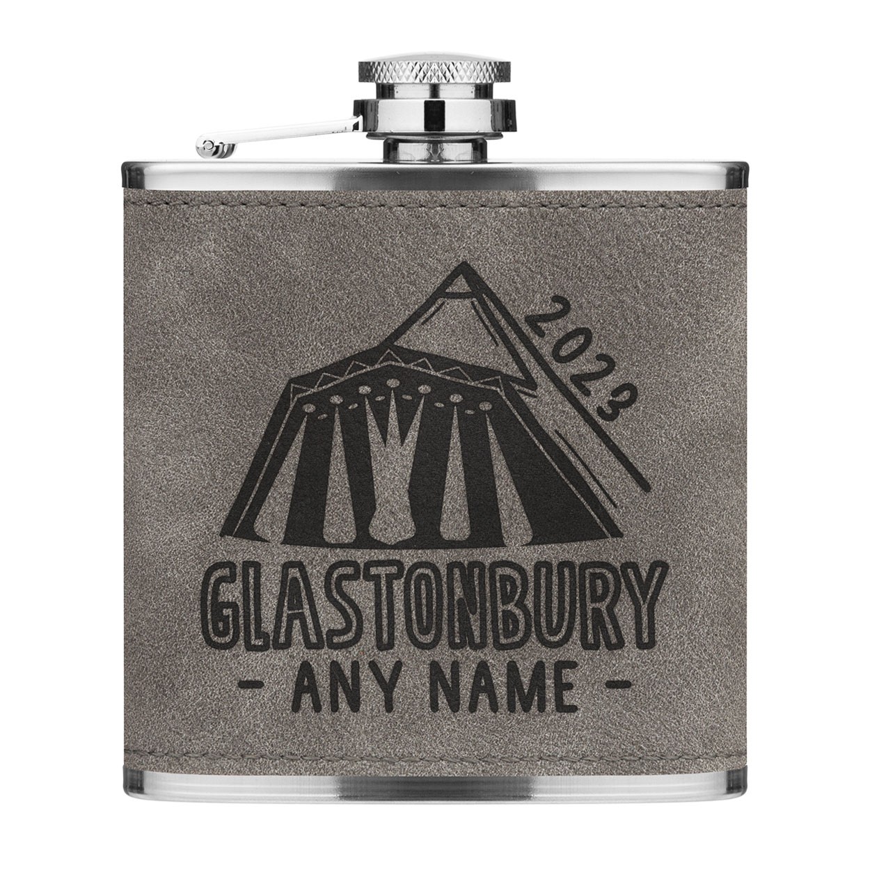 Personalised Name And Date Glastonbury Inspired 6oz PU Leather Hip Flask Grey Luxe
