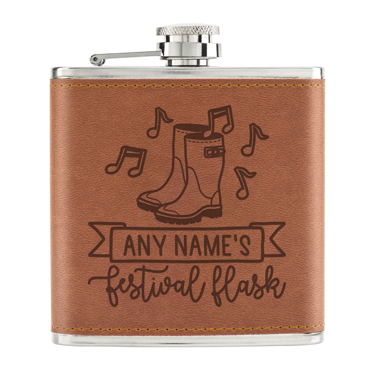 Personalised Name's Festival Flask 6oz PU Leather Hip Flask Tan