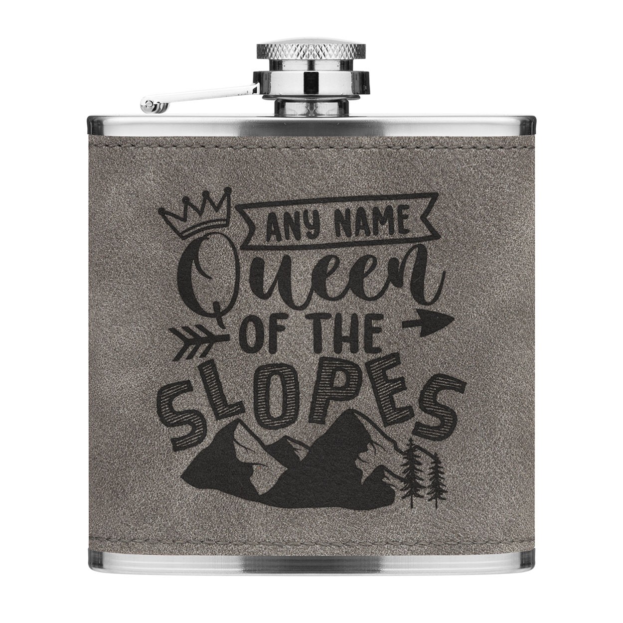 Personalised Queen Of The Slopes 6oz PU Leather Hip Flask Grey Luxe