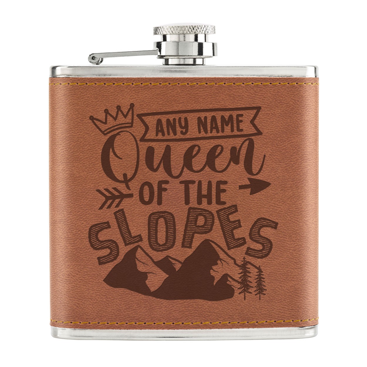 Personalised Queen Of The Slopes 6oz PU Leather Hip Flask Tan