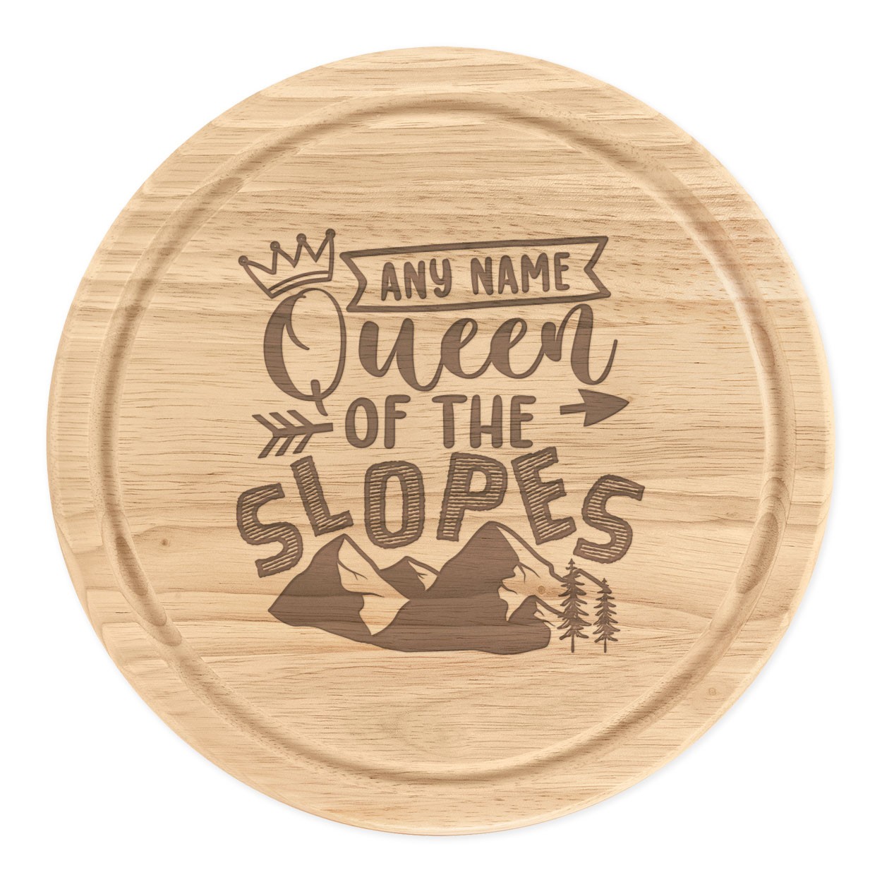 Personalised Queen Of The Slopes Wooden Chopping Cheese Board Round 25cm