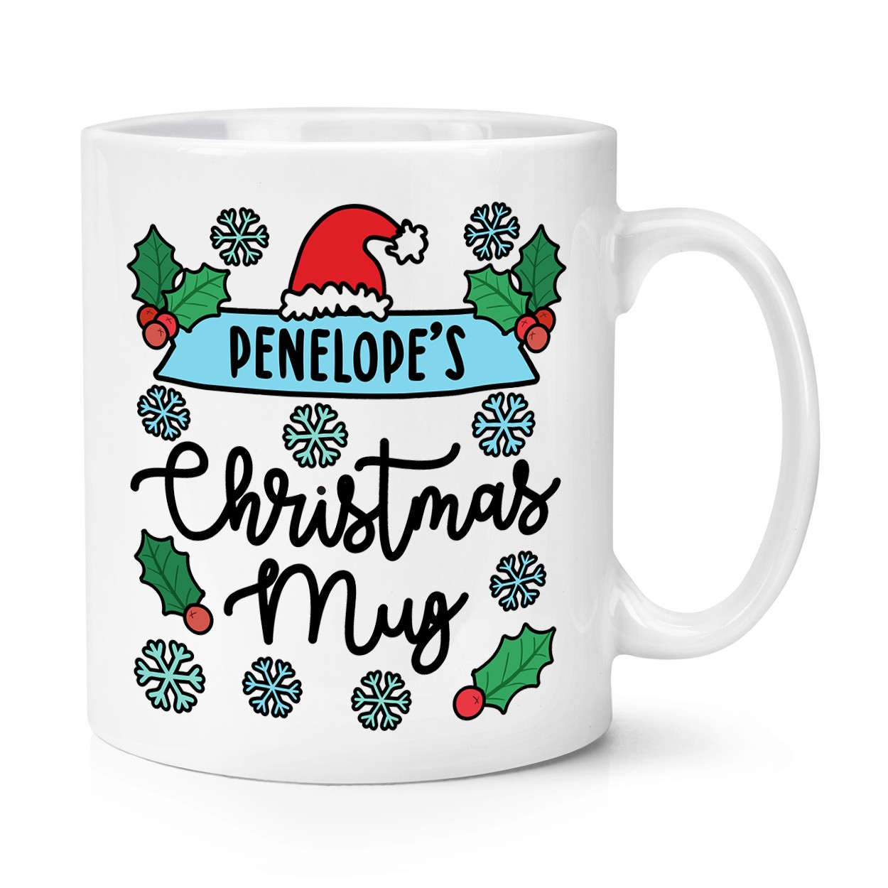 Personalised Snowflake & Holly Christmas Mug 10oz Mug Cup