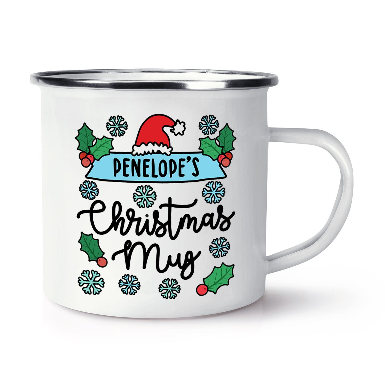 Personalised Snowflake & Holly Christmas Mug Enamel Mug Cup