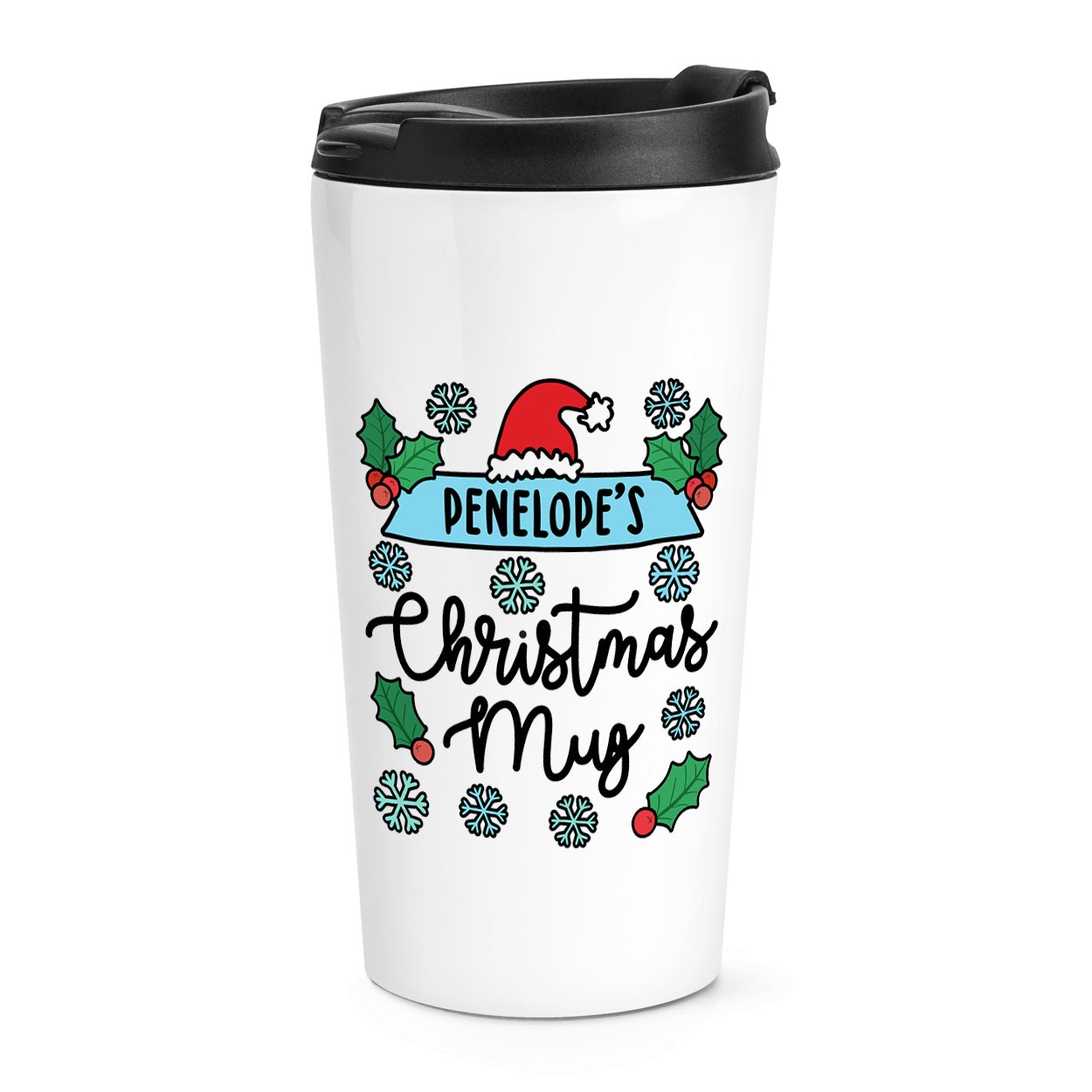 Personalised Snowflake & Holly Christmas Mug Travel Mug Cup