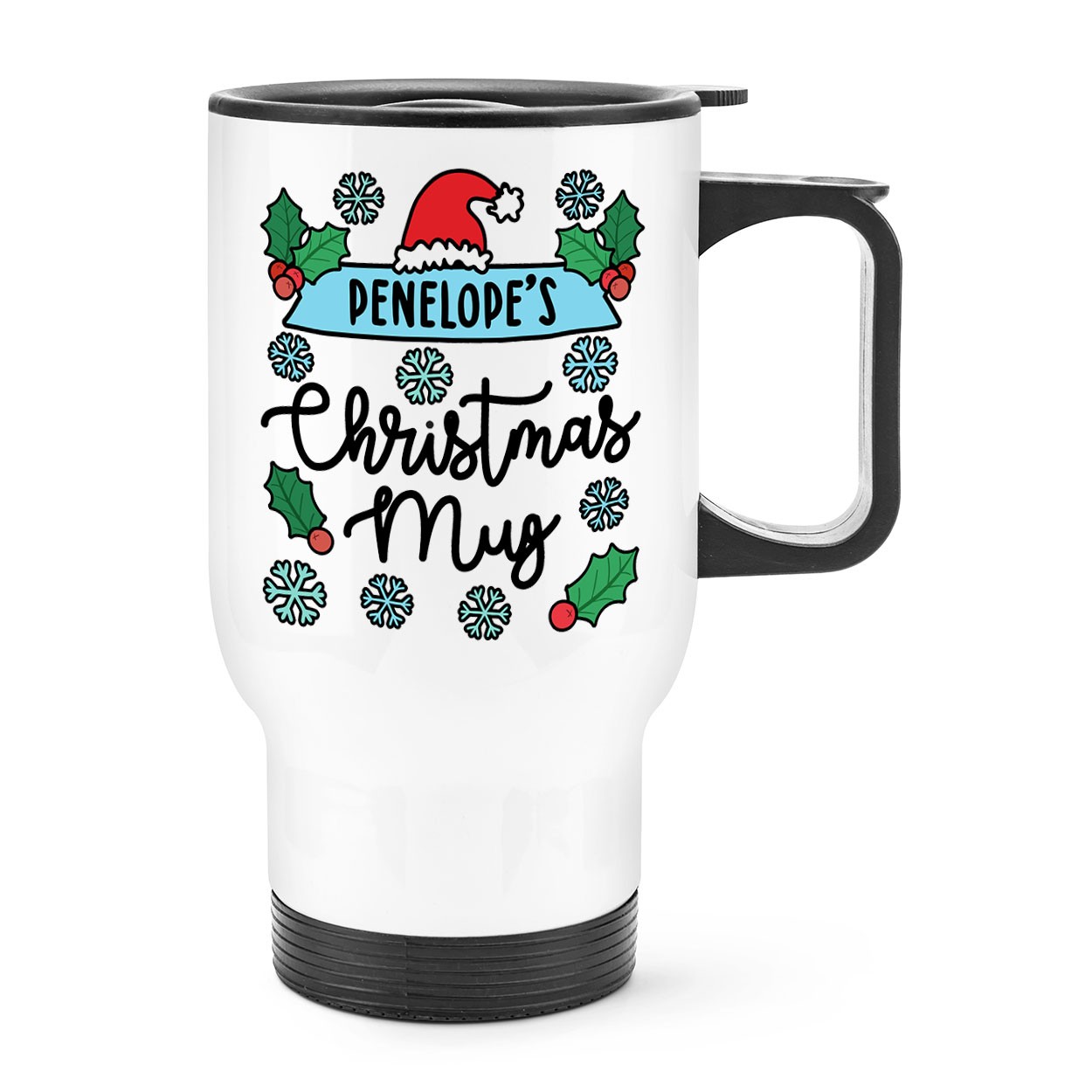 Personalised Snowflake & Holly Christmas Mug Travel Mug Cup With Handle