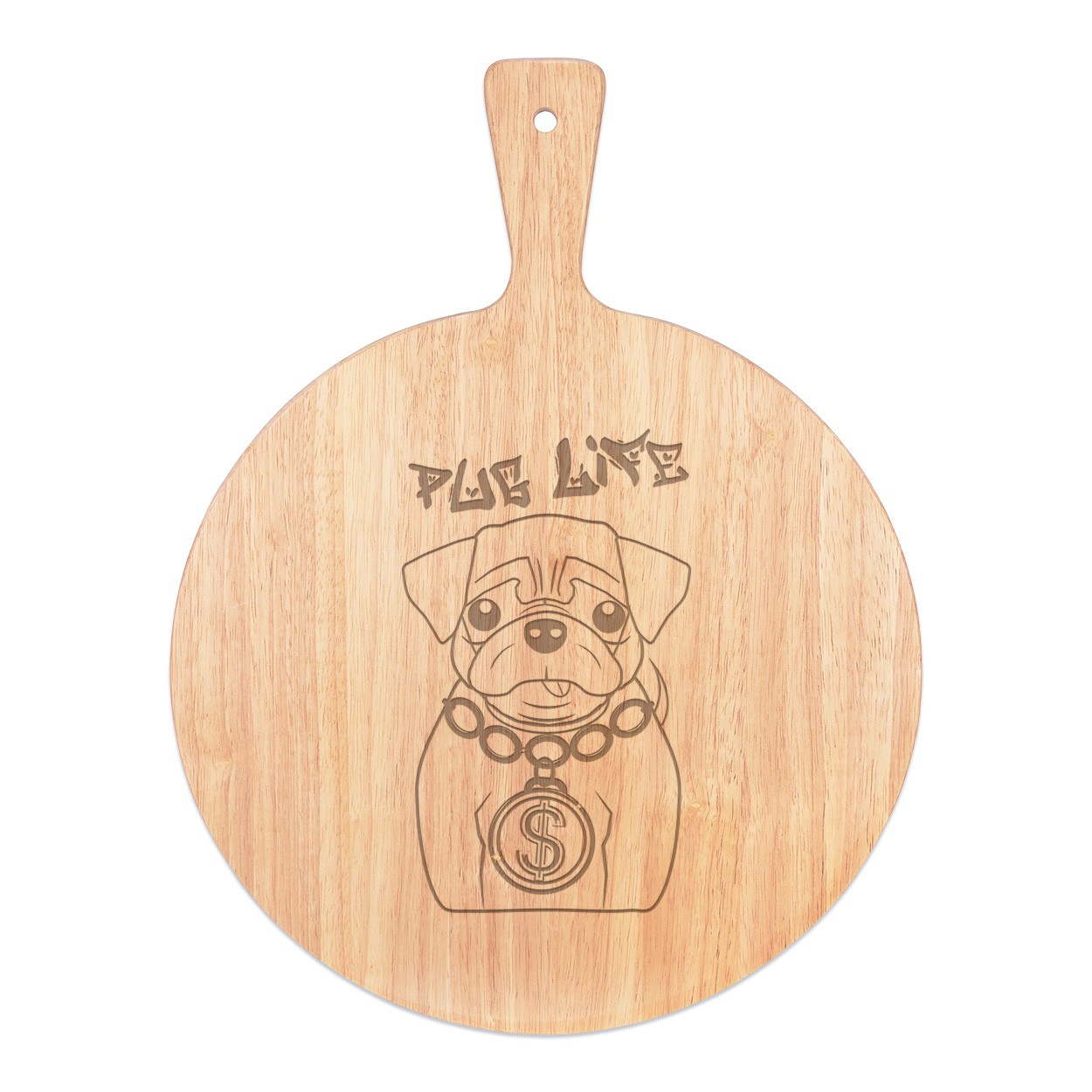 Pug Life Dog Pizza Board Paddle Serving Tray Handle Round Wooden 45x34cm