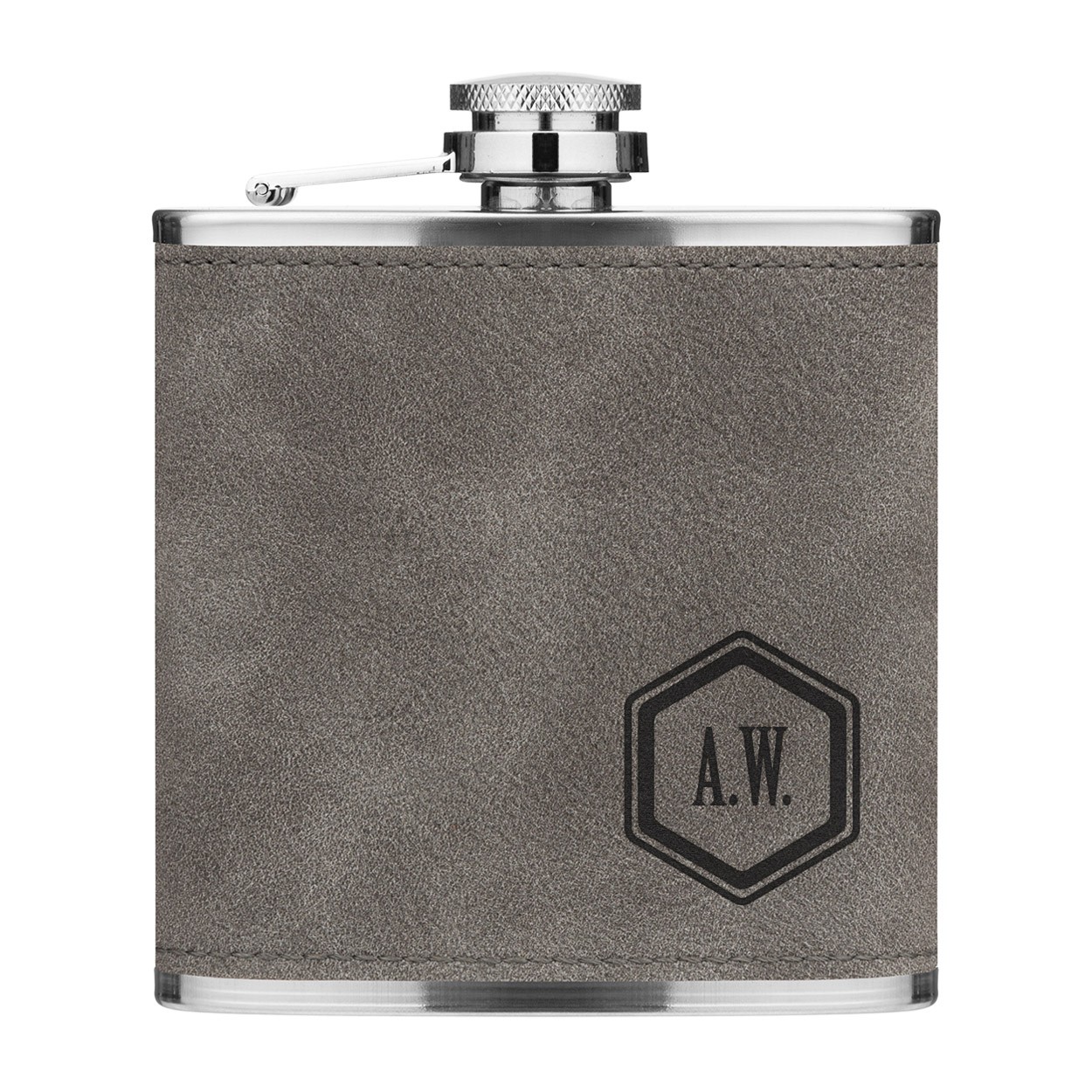 Personalised 6oz PU Leather Hip Flask Grey Custom Initials Name Standard Hexagon Premium Quality