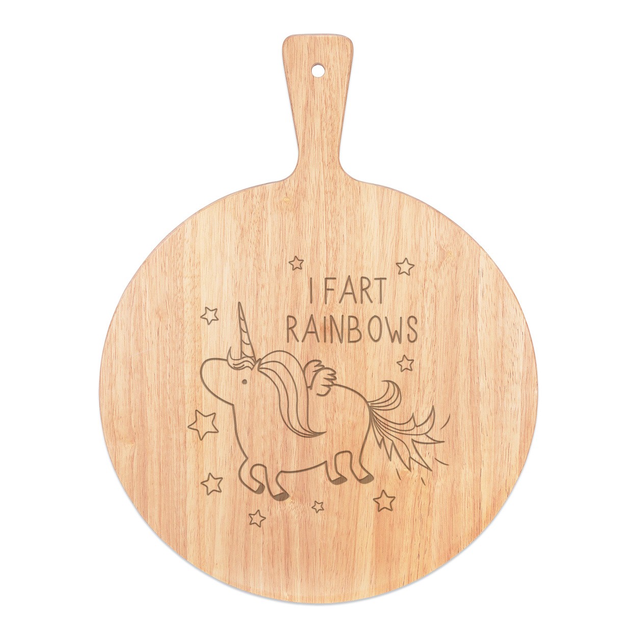 Unicorn I Fart Rainbows Pizza Board Paddle Serving Tray Handle Round Wooden 45x34cm