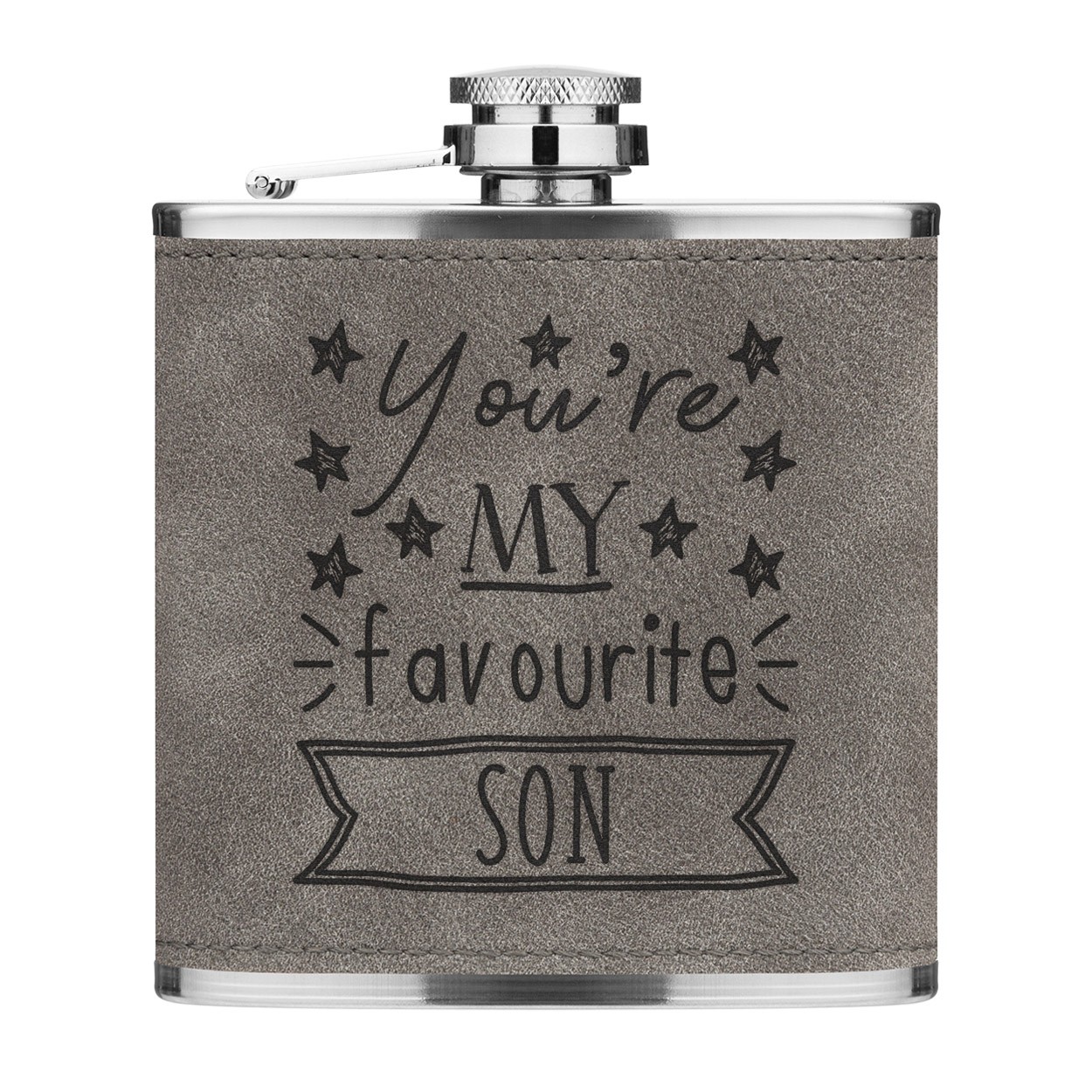 You're My Favourite Son Stars 6oz PU Leather Hip Flask Grey Luxe