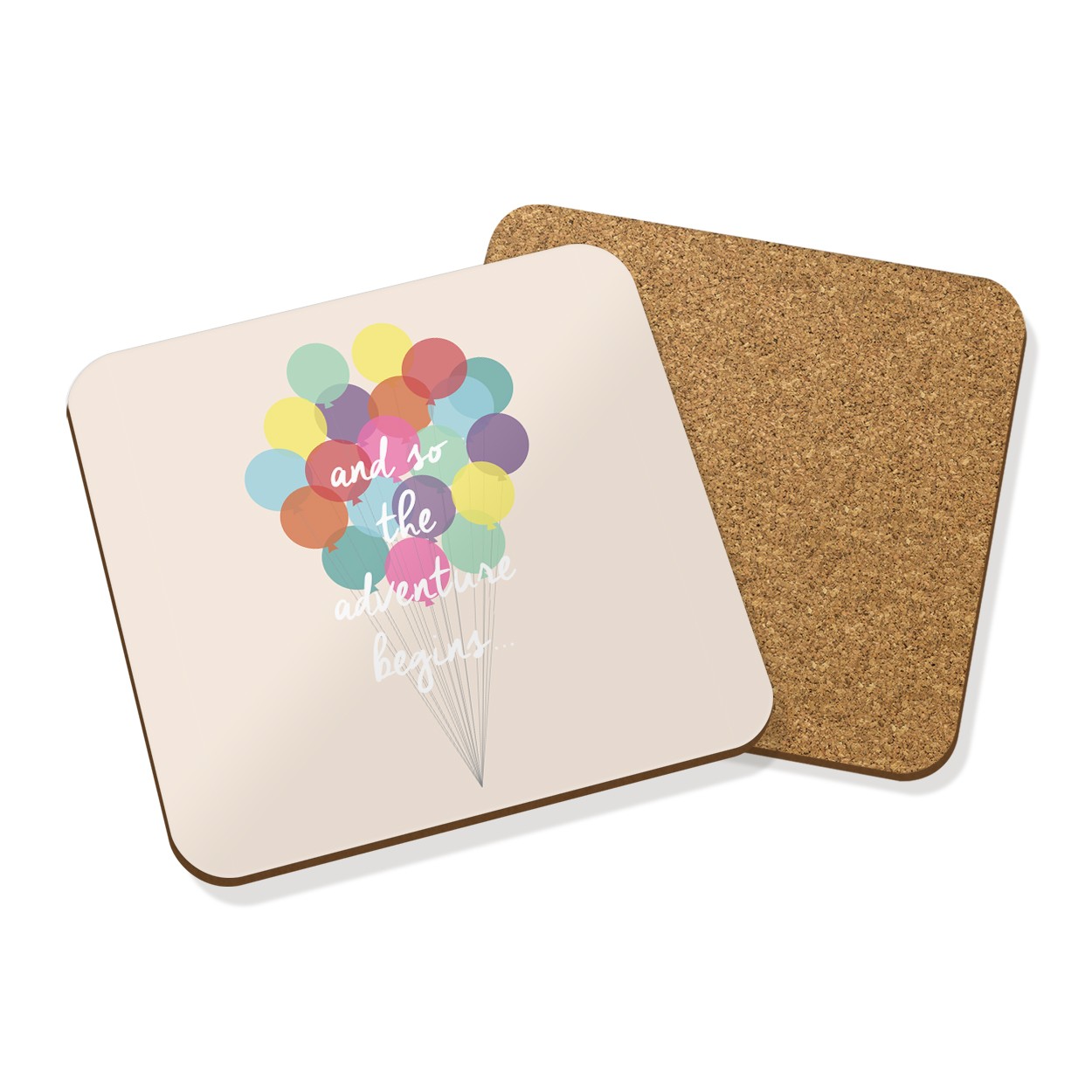 AND SO THE ADVENTURE BEGINS DRINKS COASTER MAT CORK SQUARE SET X4