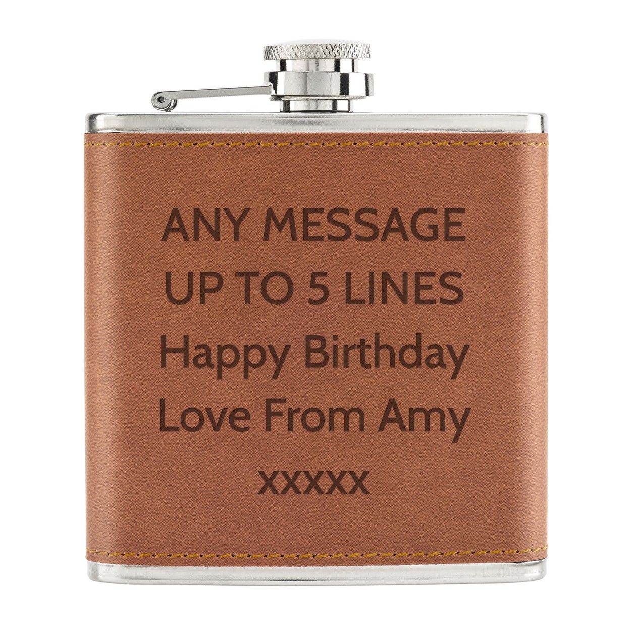 Personalised Custom Any Message Text Name 6oz PU Leather Hip Flask Tan