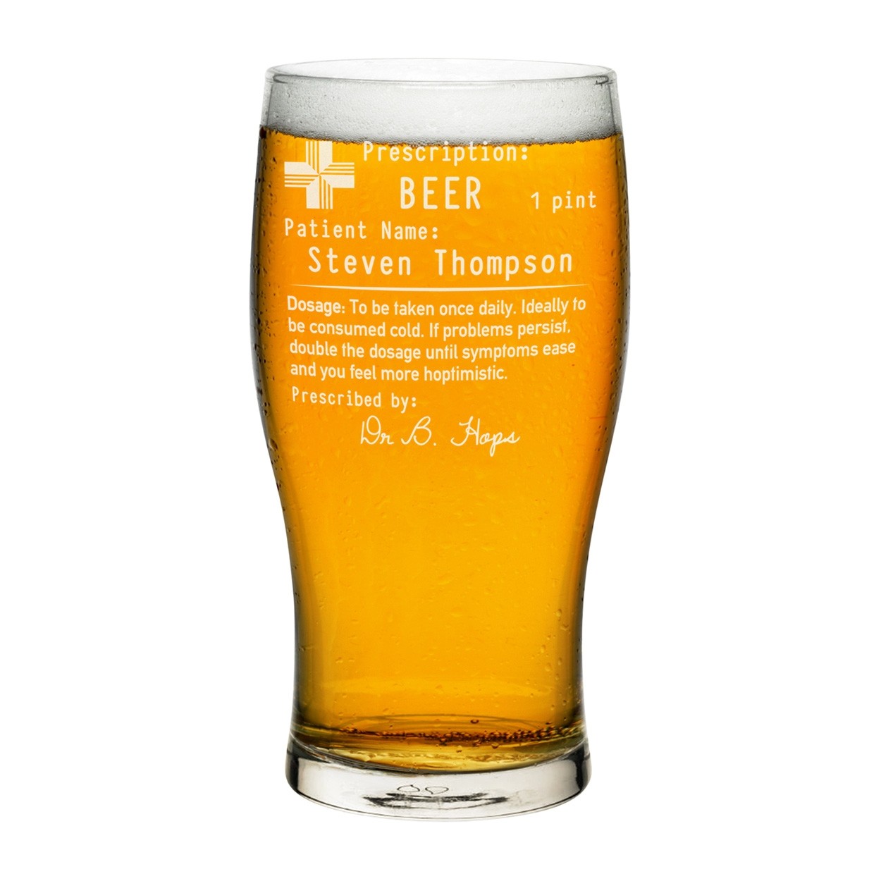 Personalised Name Prescription Beer Pint Glass Tulip Shape Birthday Fathers Day Wedding Stag Do