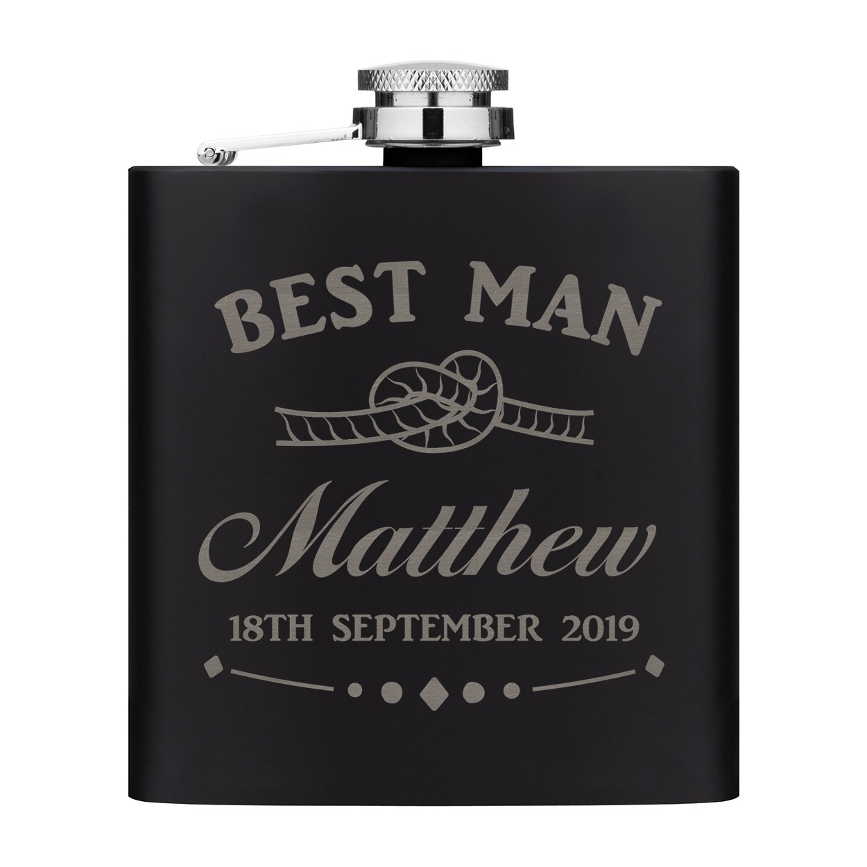 Personalised Custom Name Wedding Knot 6oz Matte Black Hip Flask Best Man
