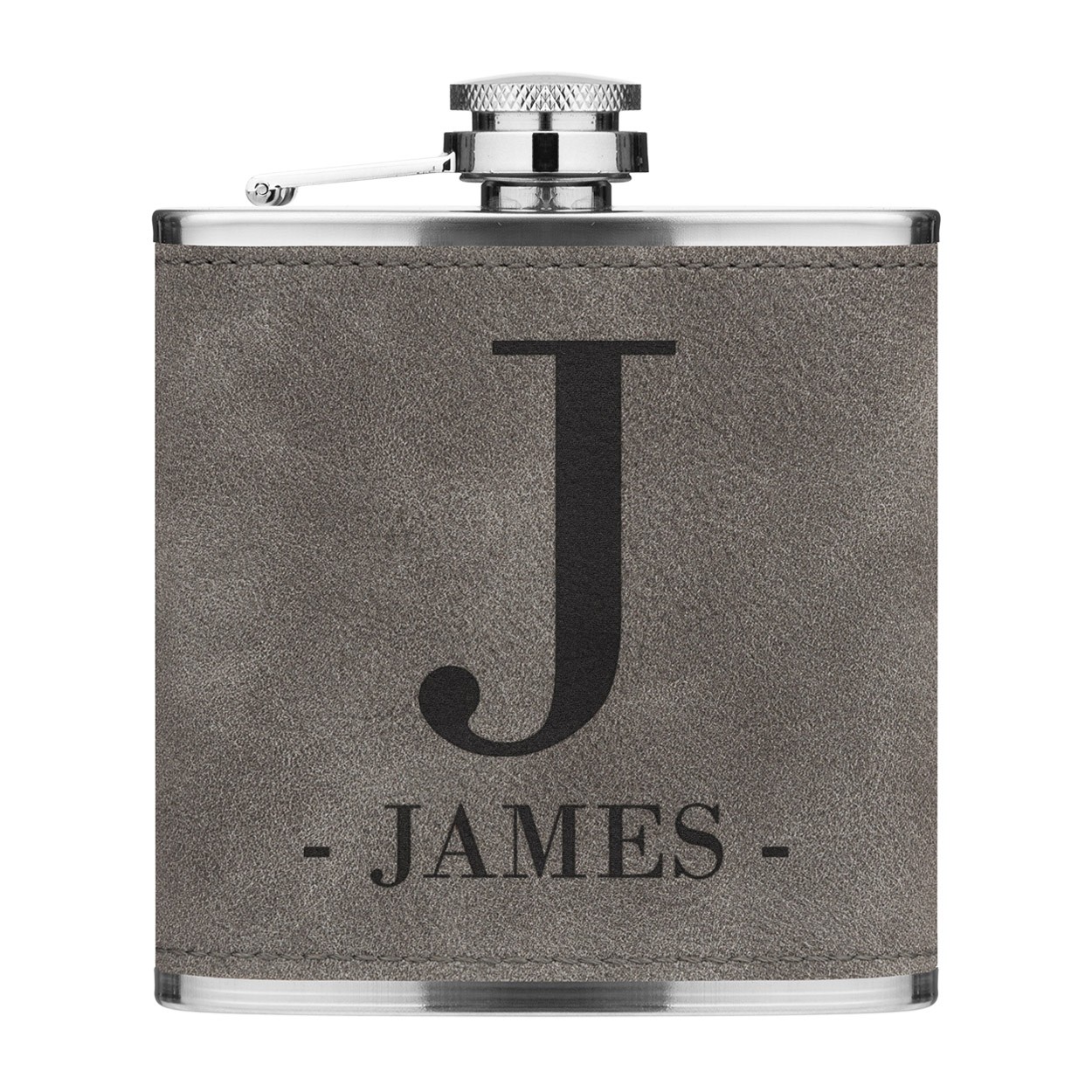 Personalised 6oz PU Leather Hip Flask Grey Custom Big Letter & Name Initials Premium Quality