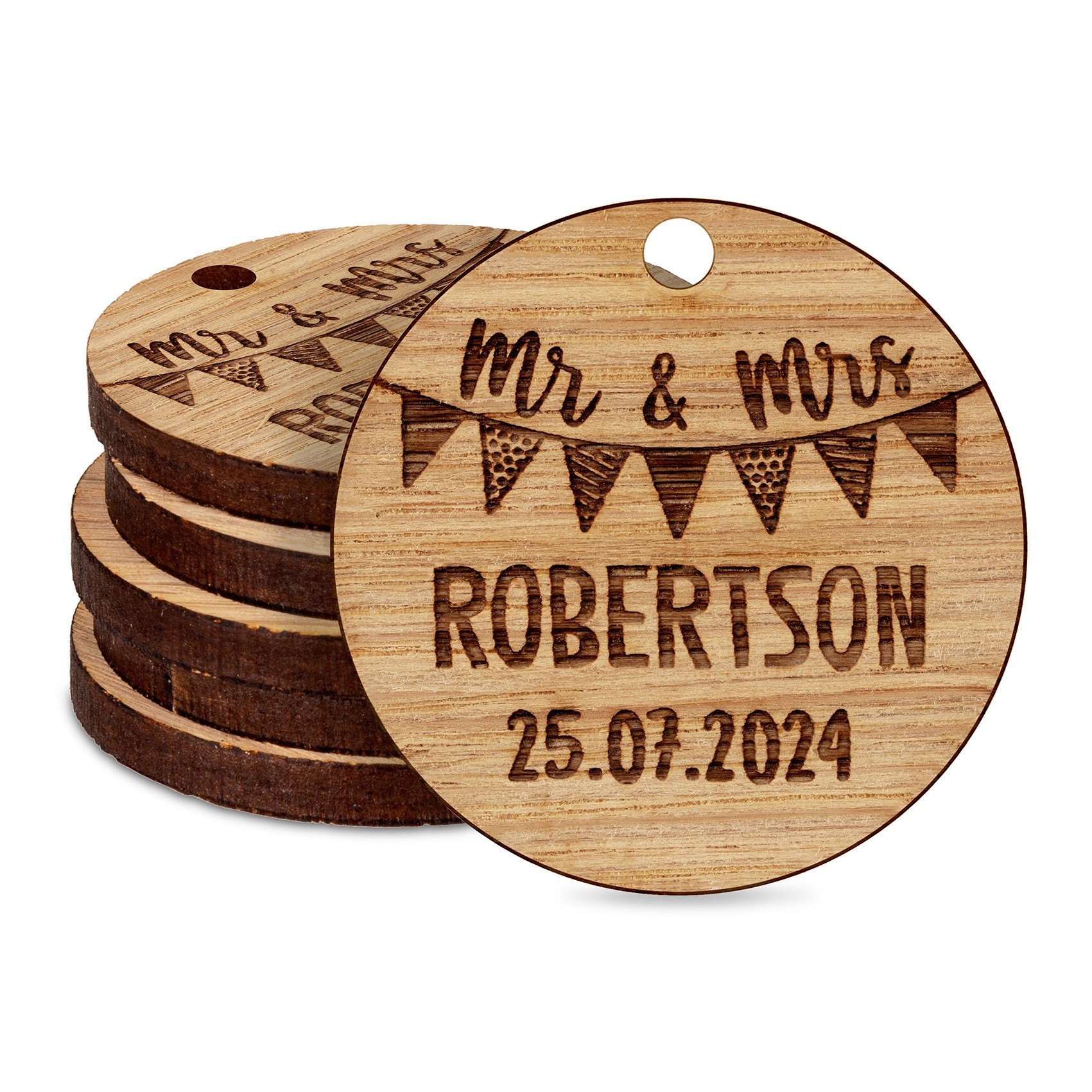 Personalised Mr & Mrs Bunting Wedding Favours Table Decorations Round Wooden Confetti Sprinkles Scatters Charms Custom Tags