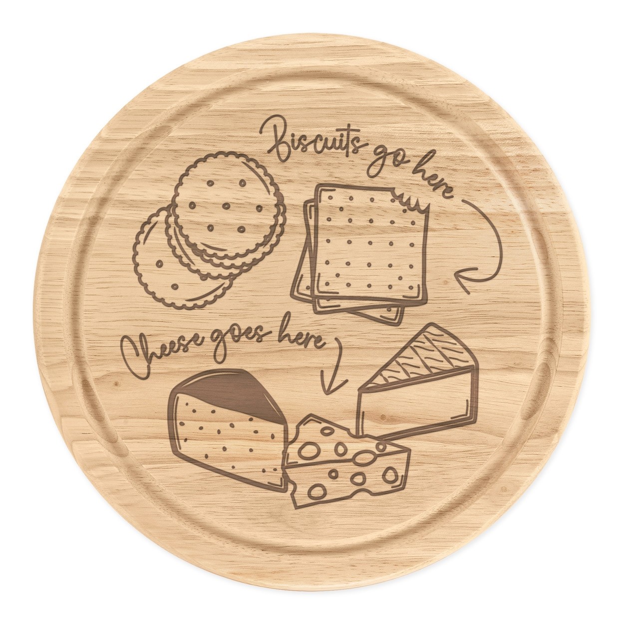 Cheese Goes Here Cheese Wooden Chopping Board Meat Serving Board Round 25cm
