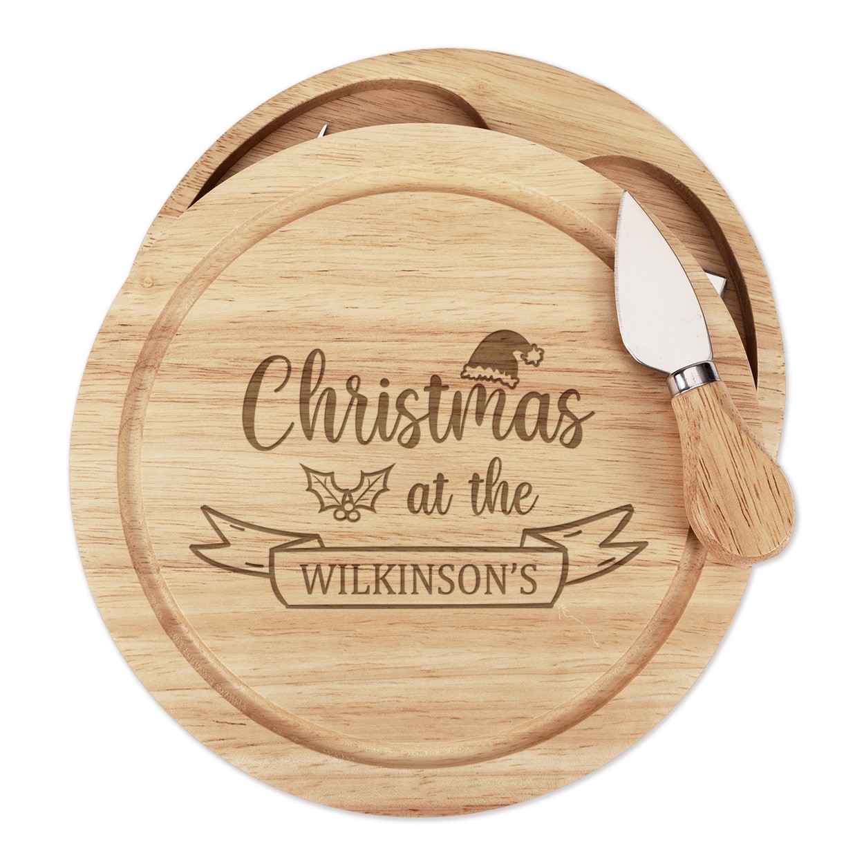 Personalised Custom Name Christmas At The Wooden Cheese Board Set 4 Knives